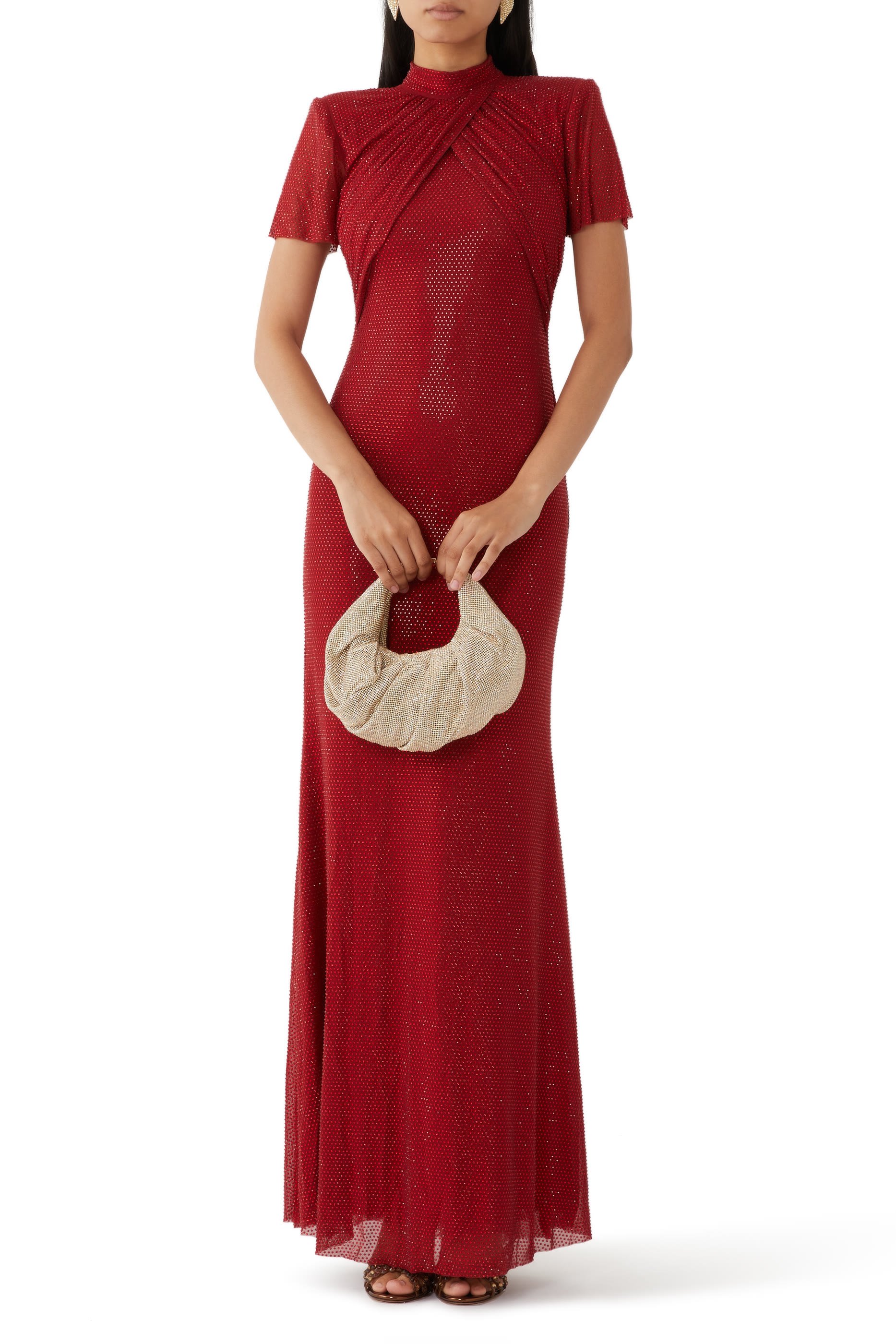 فستان طويل قماش شبكي مرصع بأحجار الراين