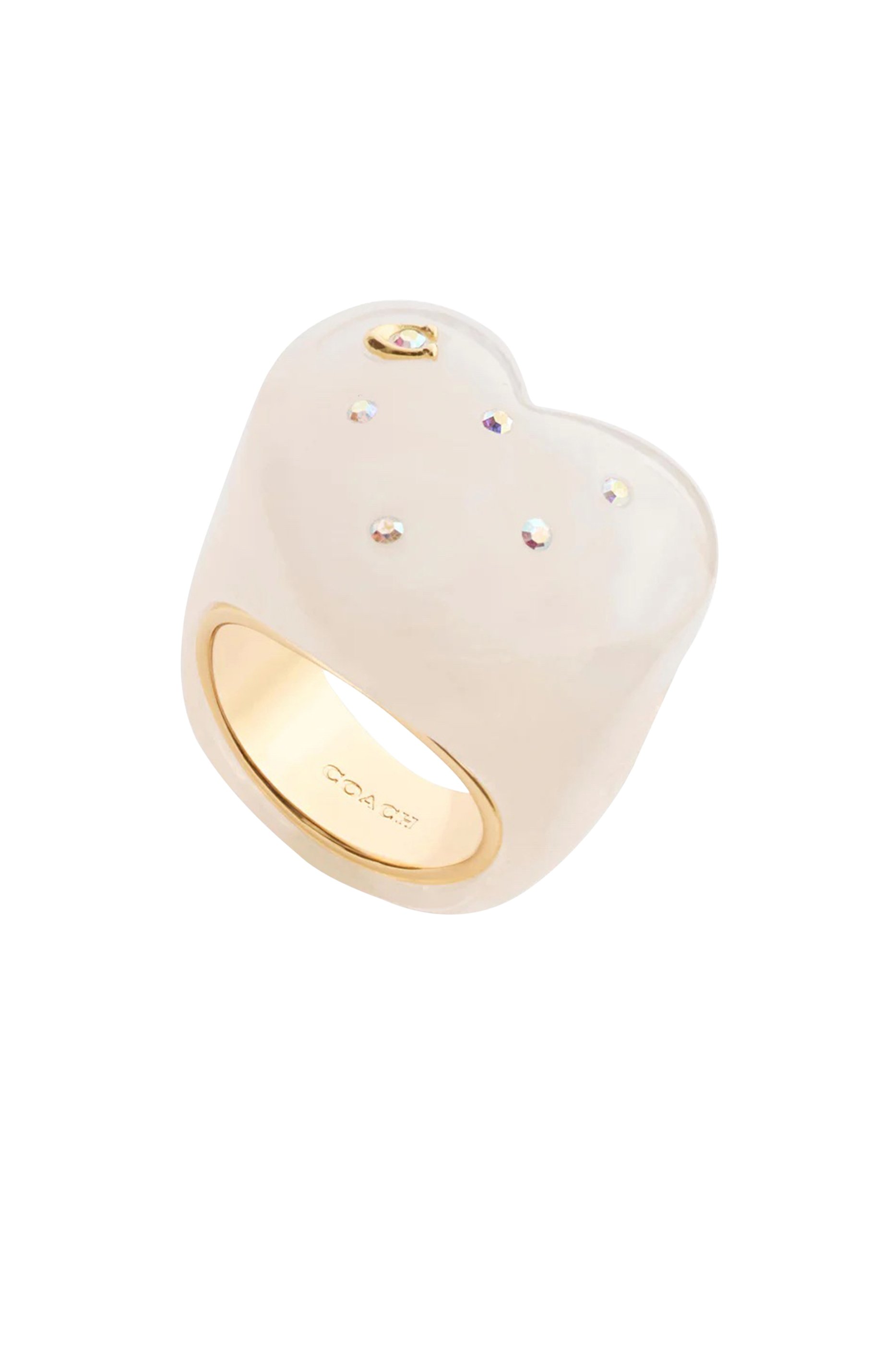 خاتم كوكتيل بتصميم قلب بحلي بشعار الماركة مرصعة بكريستال زجاجي نحاس وراتنج