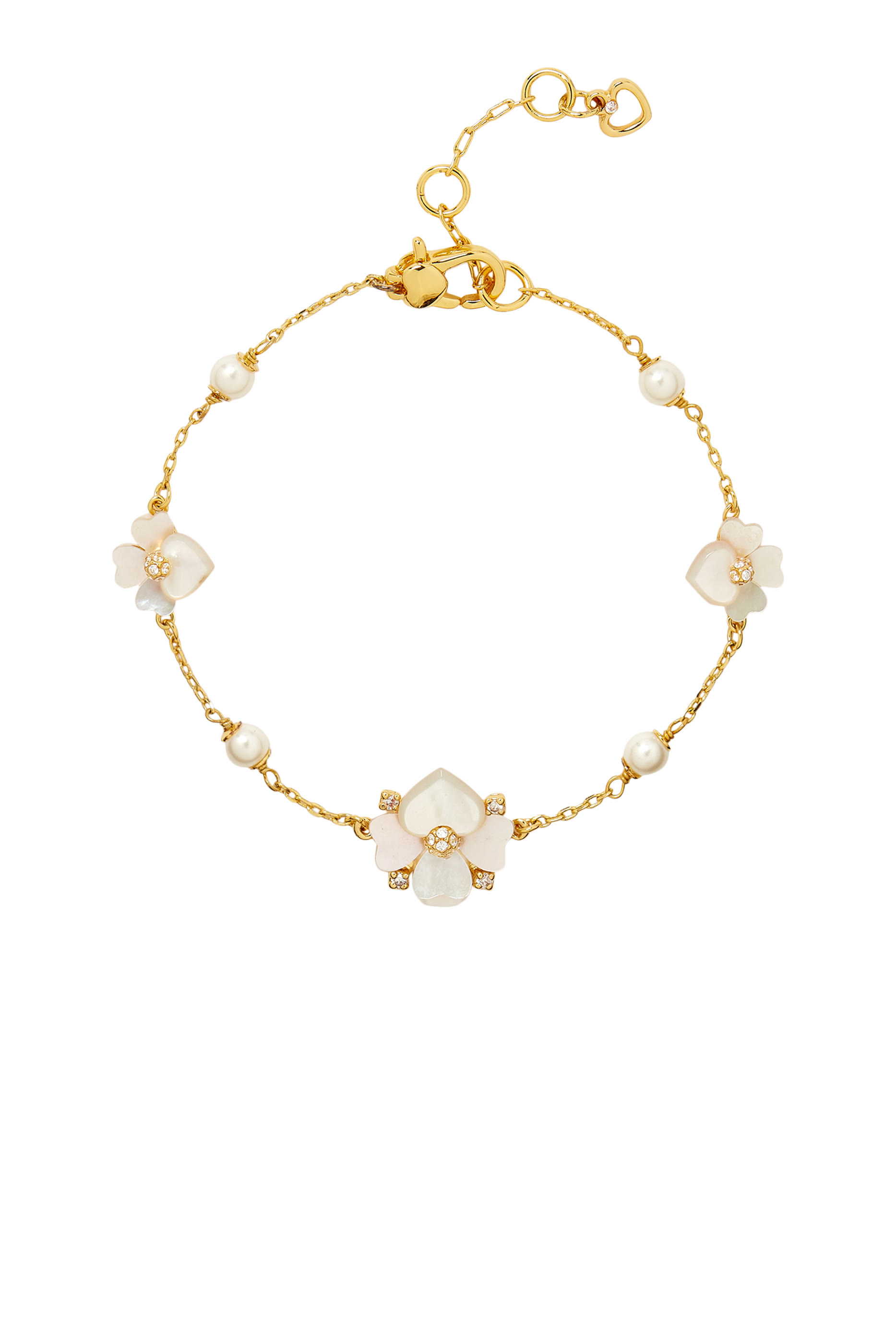 Precious Pansy Scatter Bracelet, Plated Metal & Cubic Zirconia, Acrylic Pearl, Mother of Pearl Shell