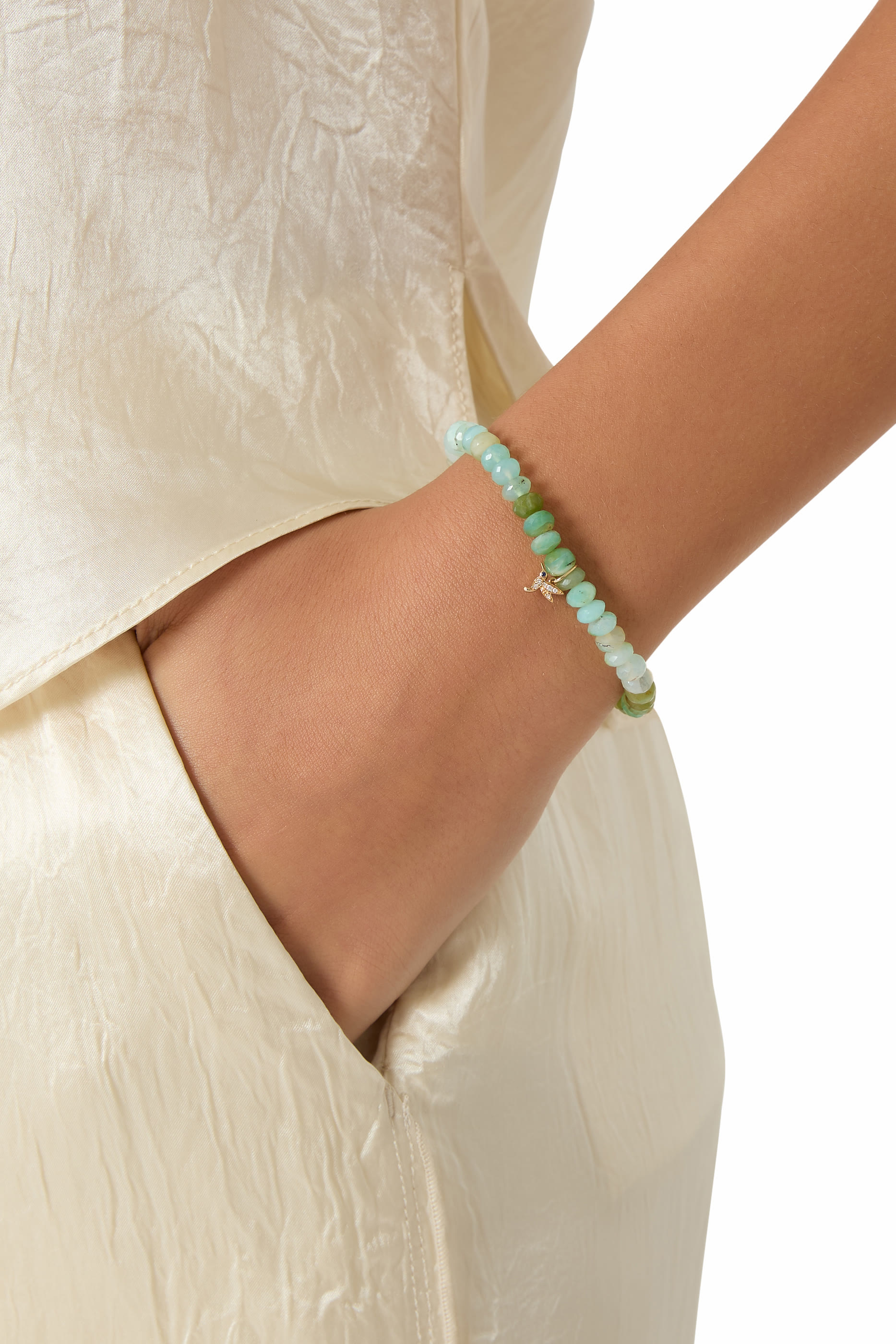 Tiny Hummingbird Beaded Bracelet, 14k Yellow Gold & Peruvian Opal