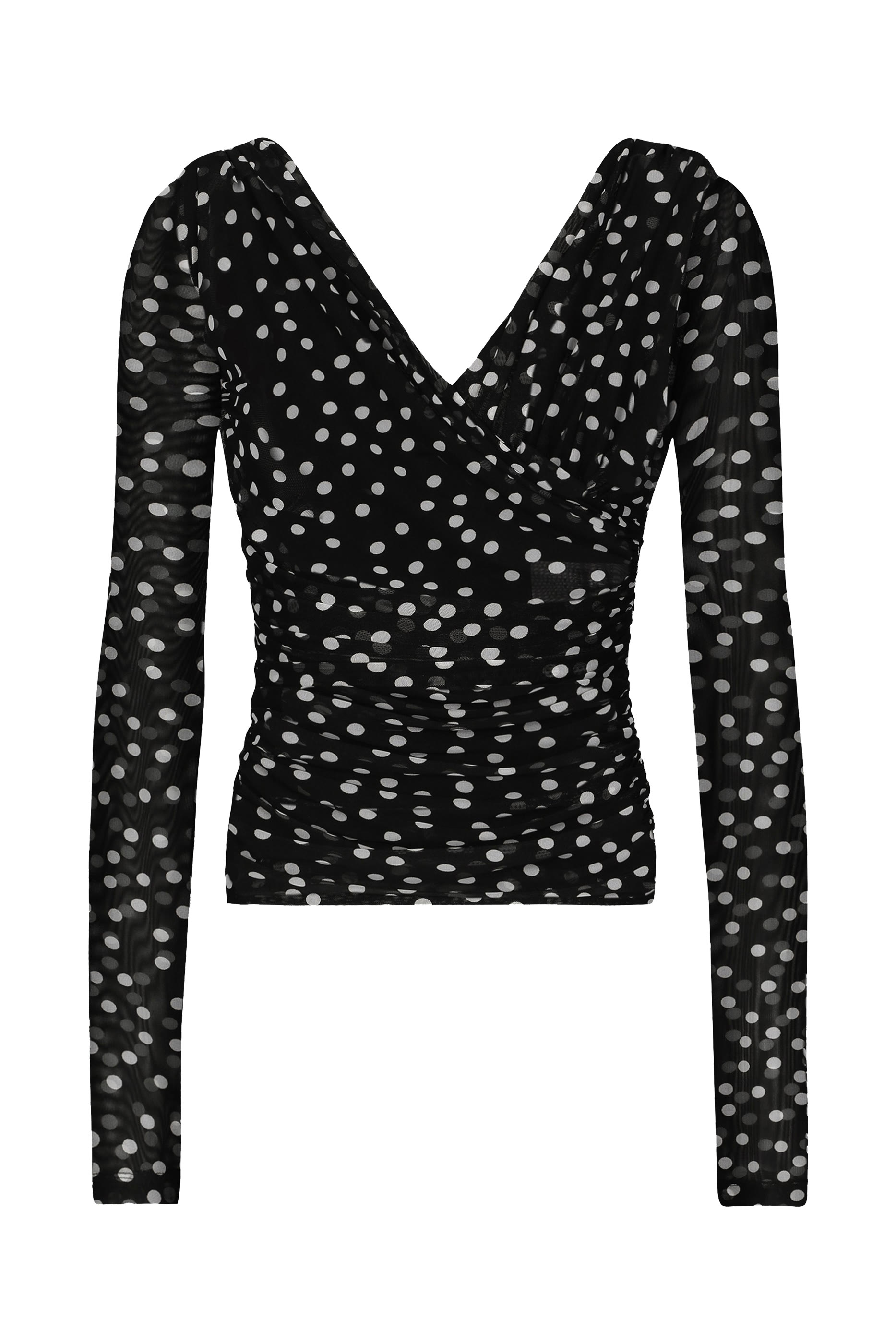 بلوزة تول بنقشة نقاط وياقة ملفوفة في الأمام