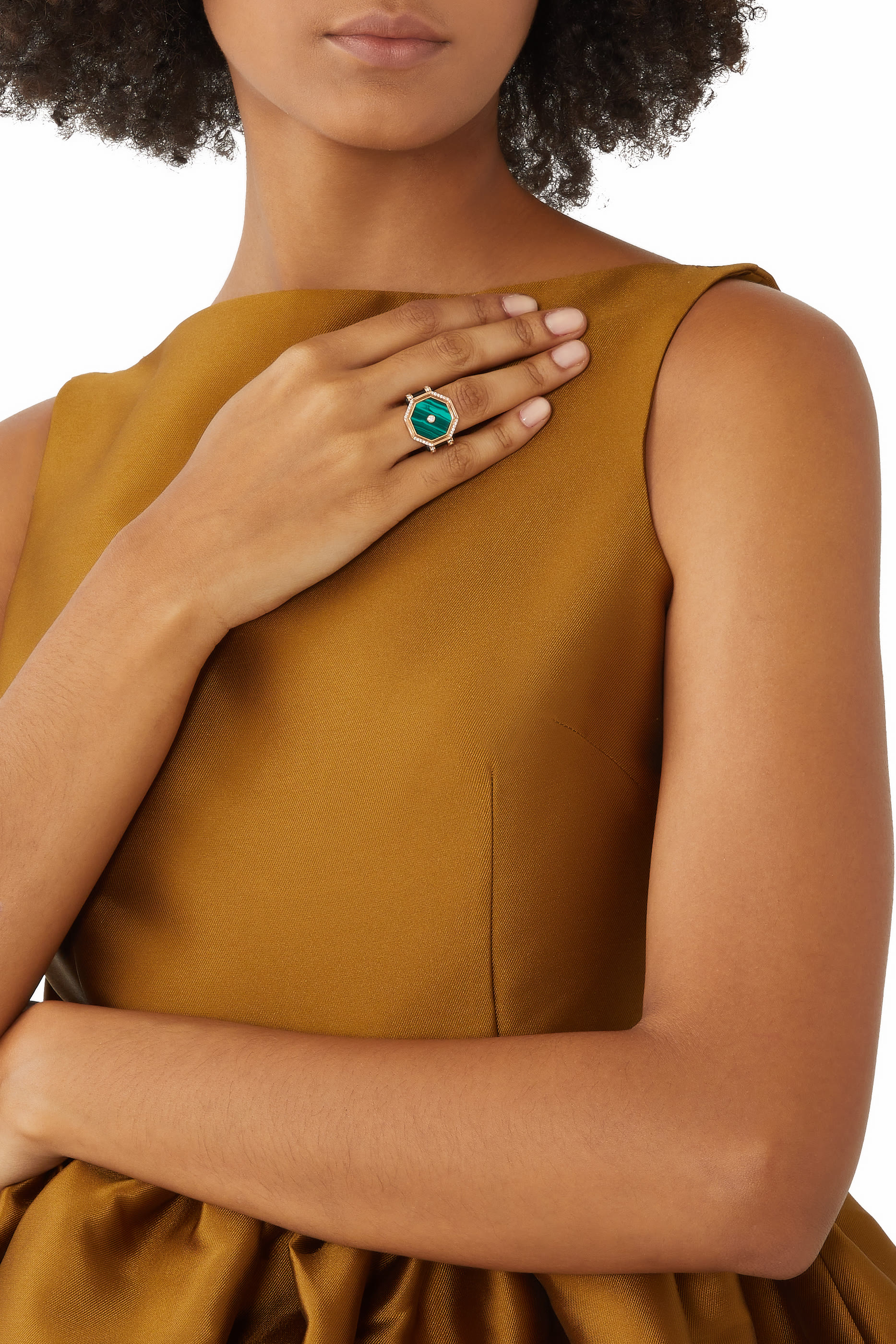 Hexagon Ring, 18k Rose Gold with Diamonds & Onyx, Malachite