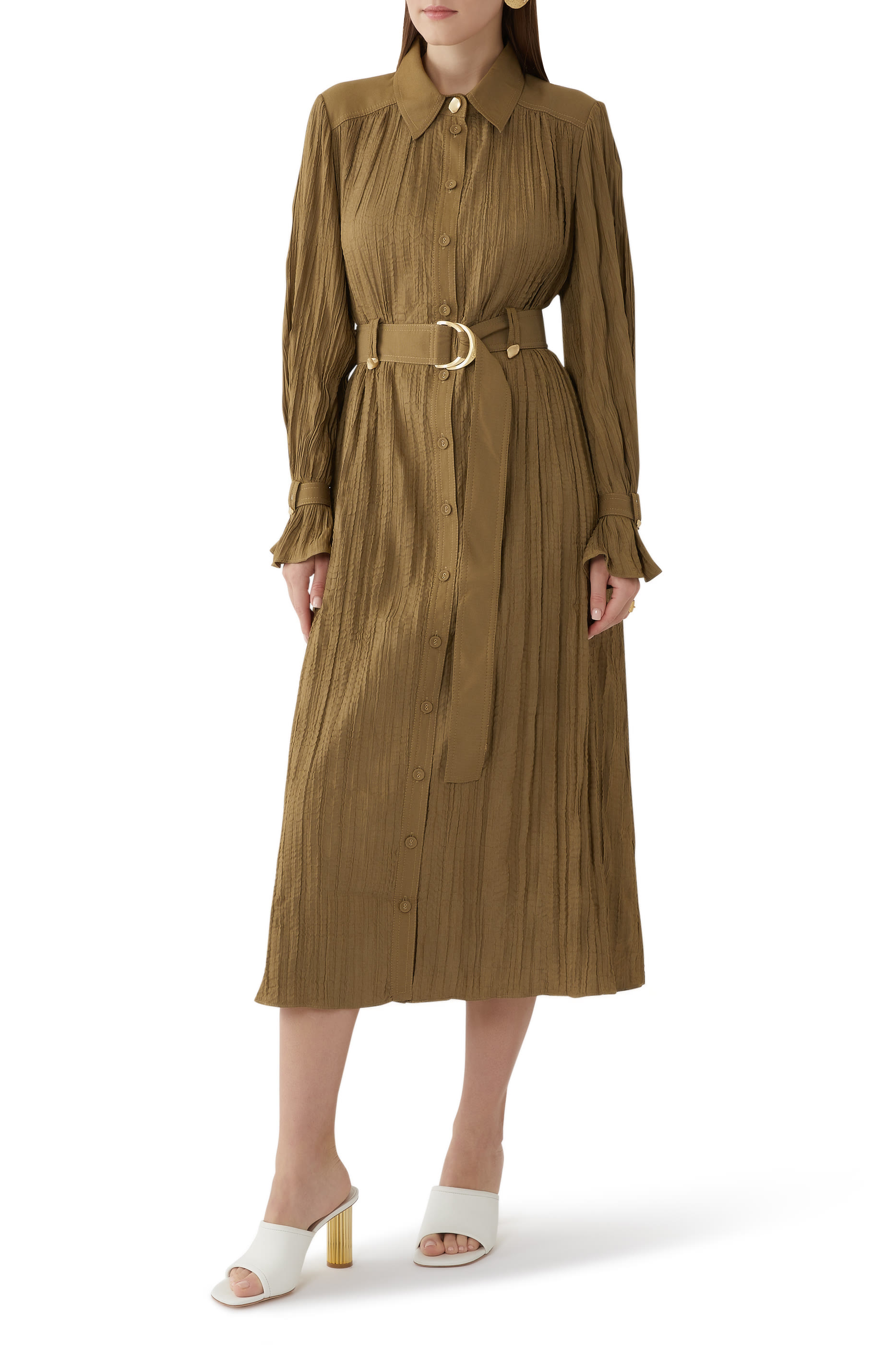 فستان بايز متوسط الطول قماش مجعد بطيات