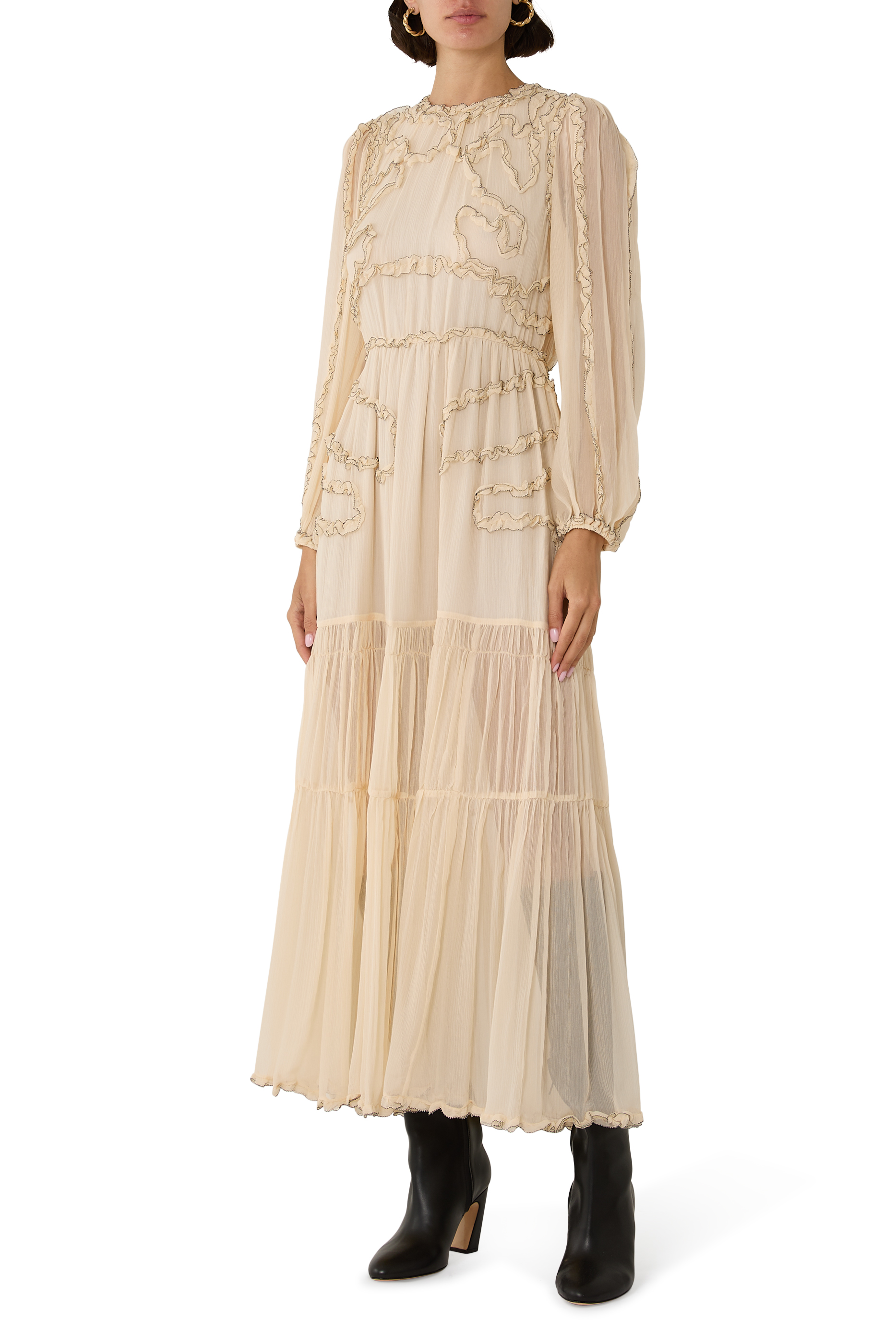 فستان إيونا متوسط الطول بأكمام طويلة حرير