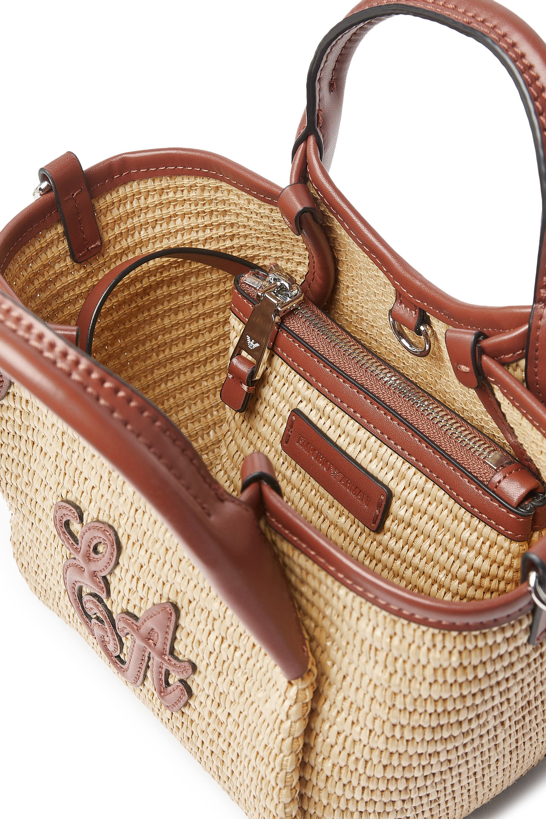 حقيبة يد بشعار الماركة صغيرة قش منسوج