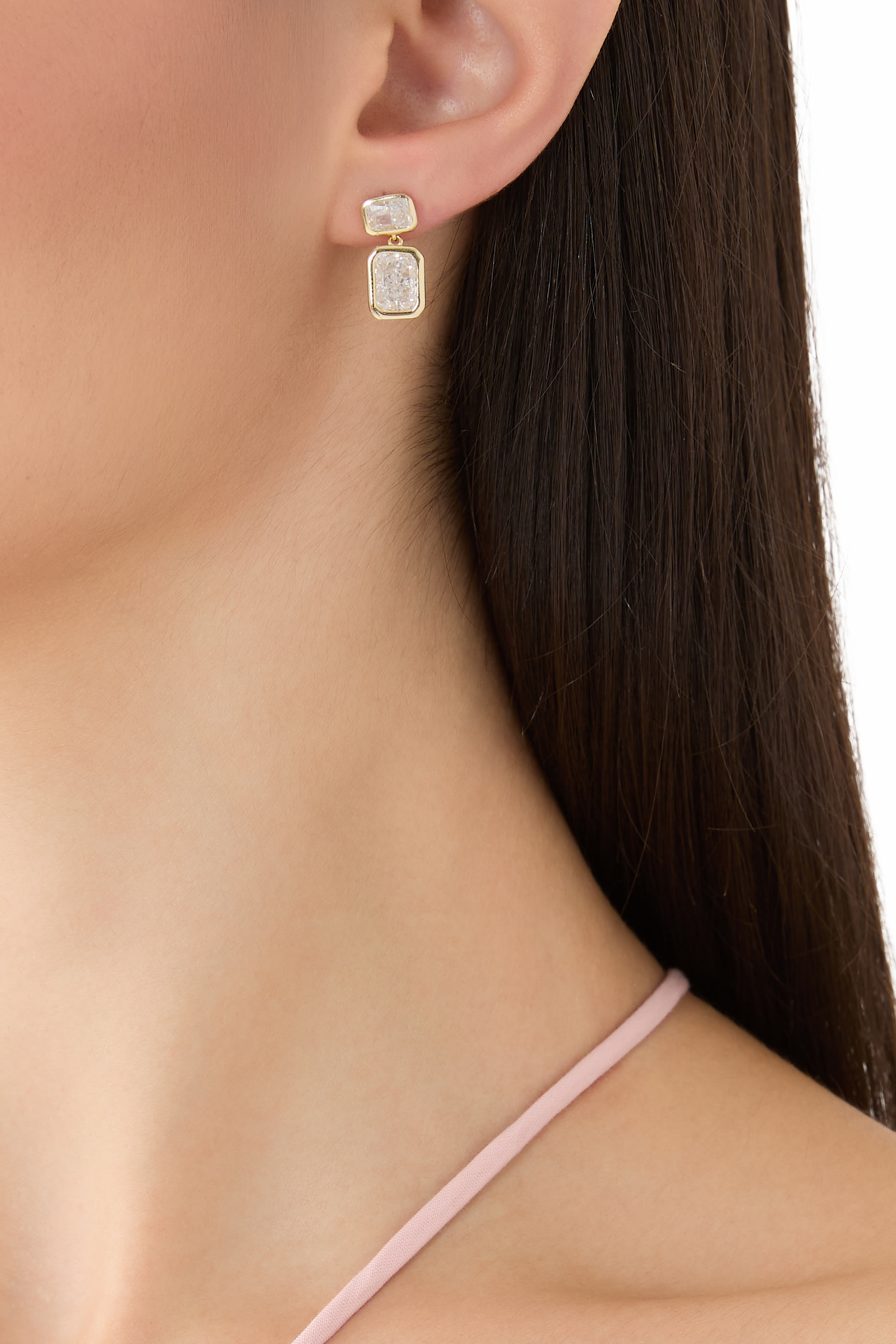 Emerald Baguette Drop Earrings, 14k Vermeil on Sterling Silver & Crushed Ice CZ