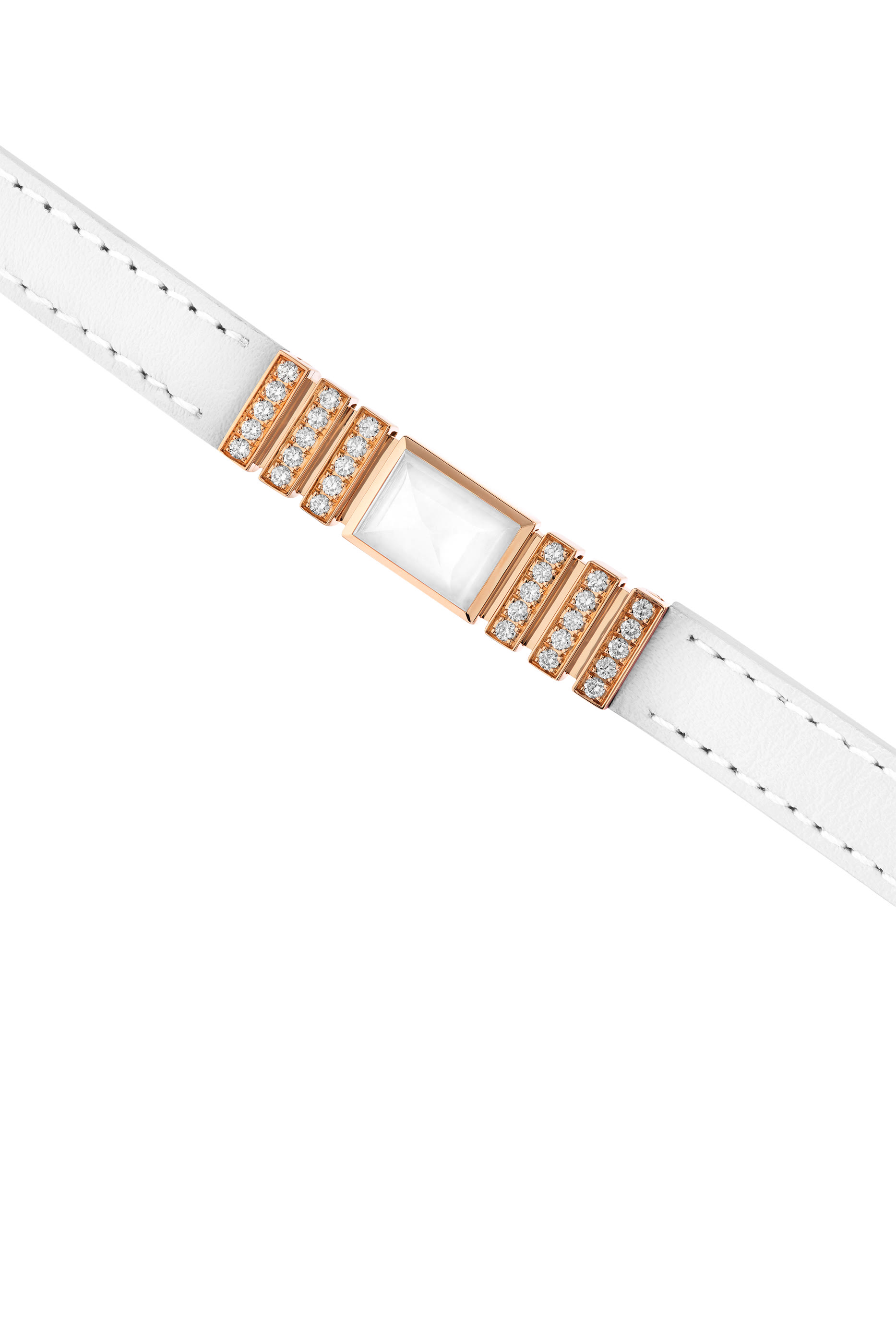 سوار يوني مرصع بالماس والعقيق الأبيض ذهب وردي عيار 18 بسوار جلد