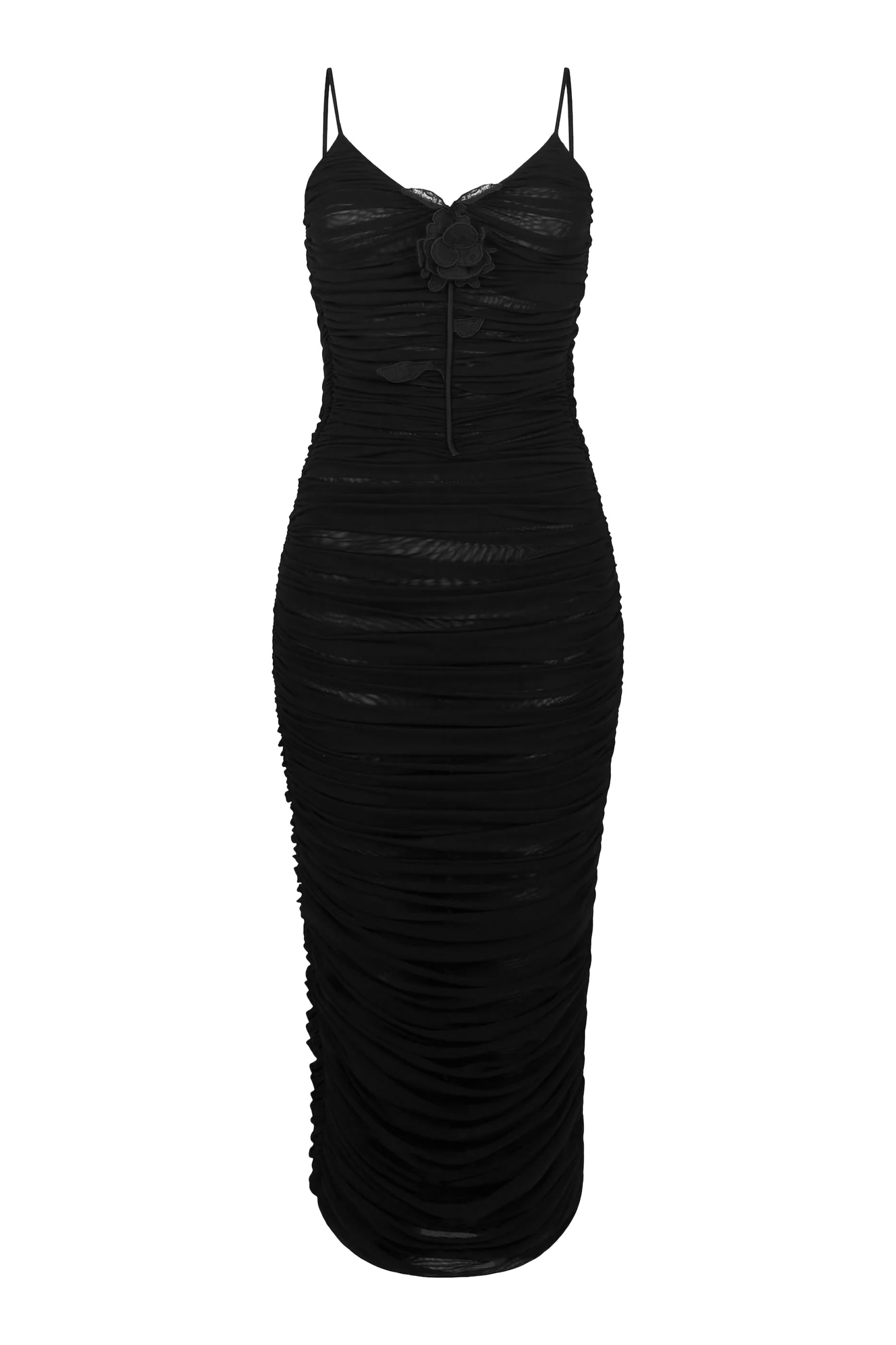 فستان متوسط الطول مزين بكشكش وزهرة دانتيل