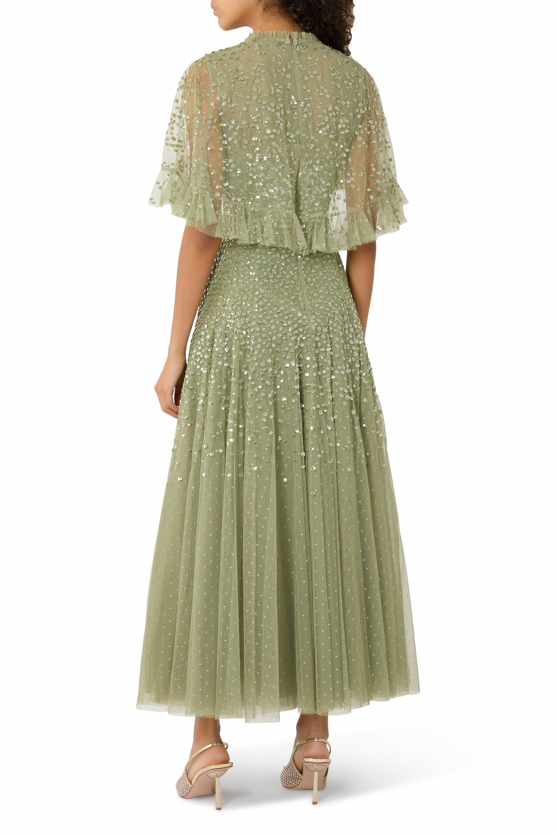 فستان سهرة بطول الكاحل بكاب وترتر بارز الملمس