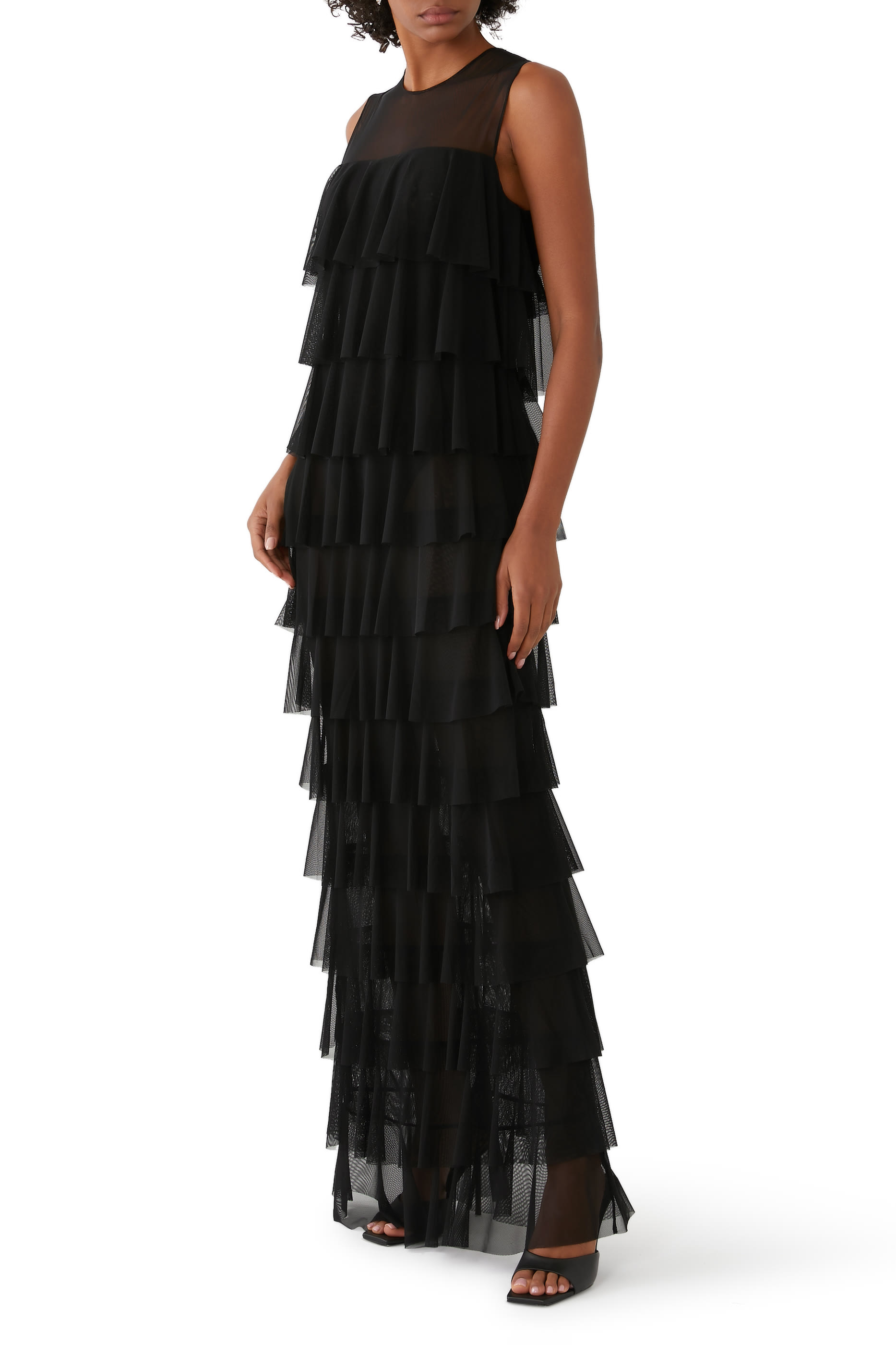 فستان سهرة بلا أكمام بتصميم متدرج بكشكش