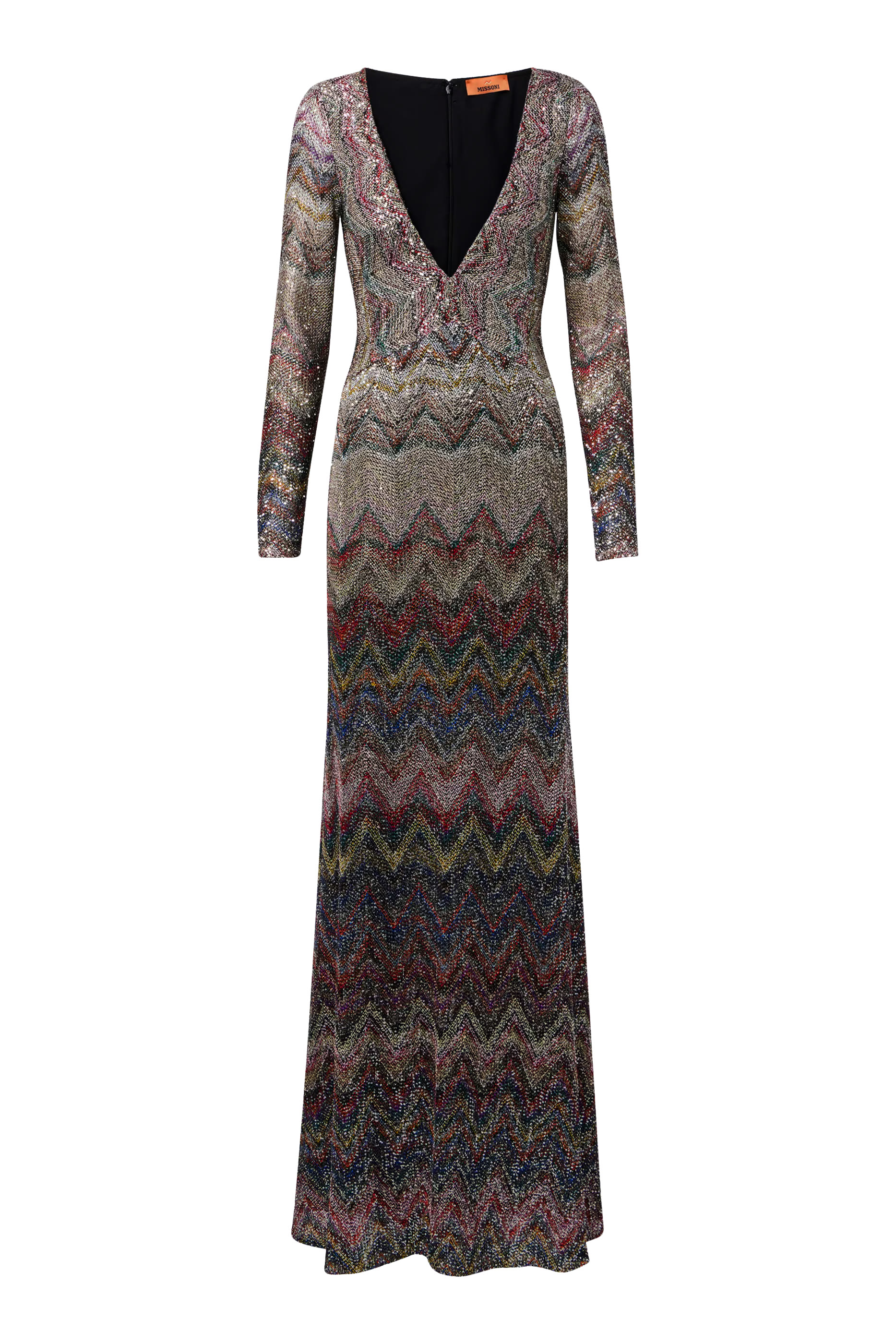 فستان طويل بنقشة خطوط متعرجة مزين بترتر لاميه