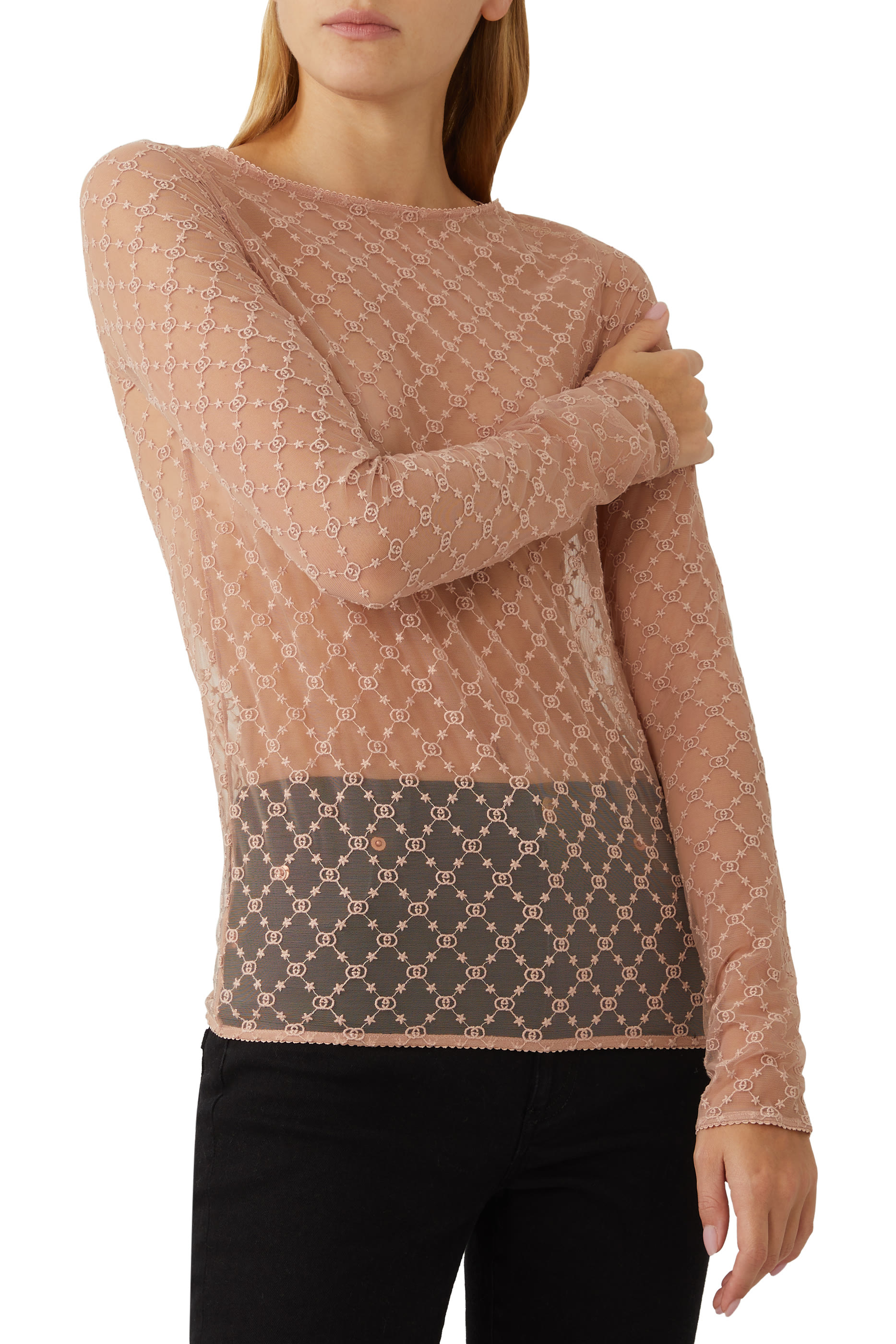 بلوزة تول بتطريزات نجوم وشعار GG