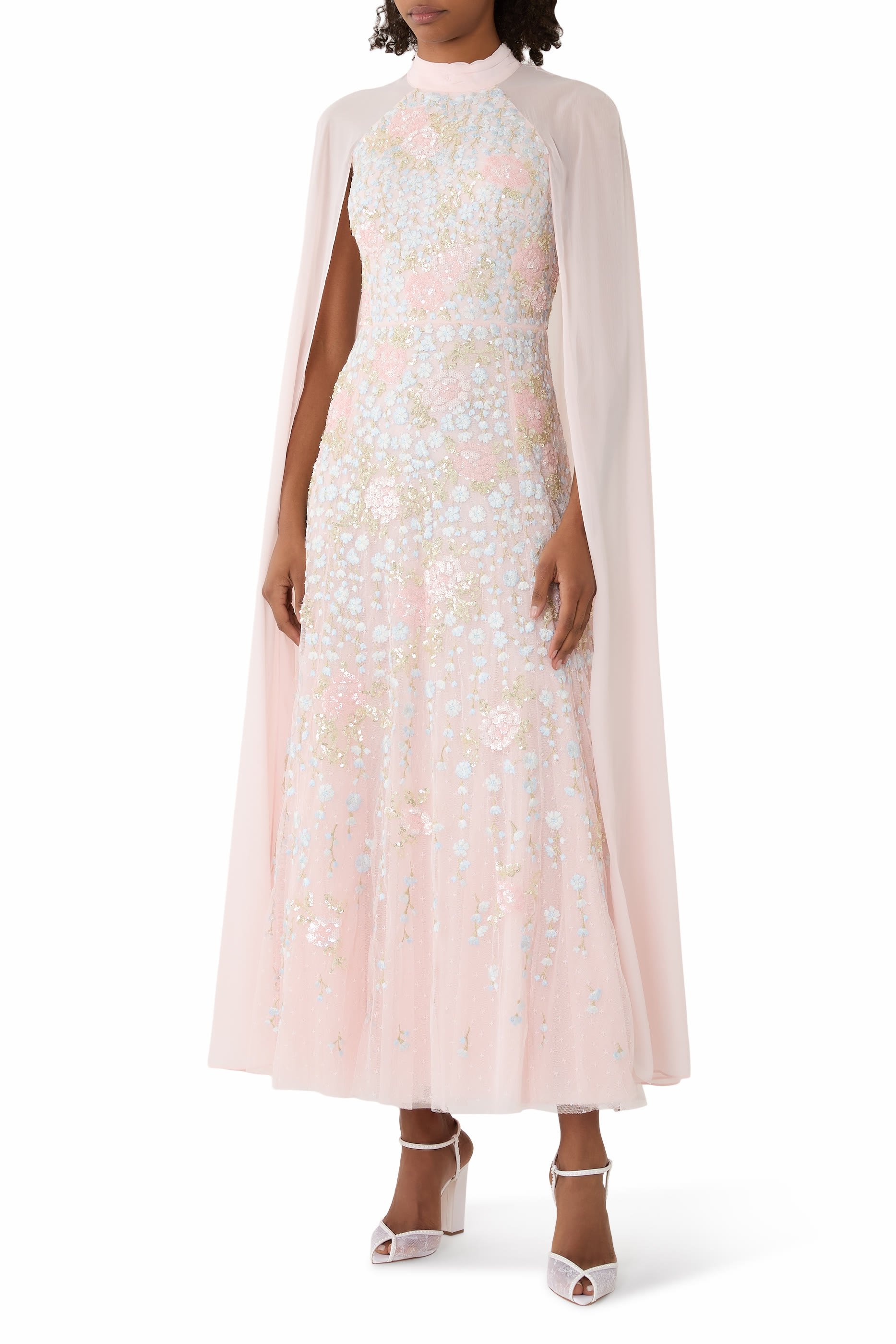 فستان كريسيدا بطول الكاحل مطرز بزهور بكاب