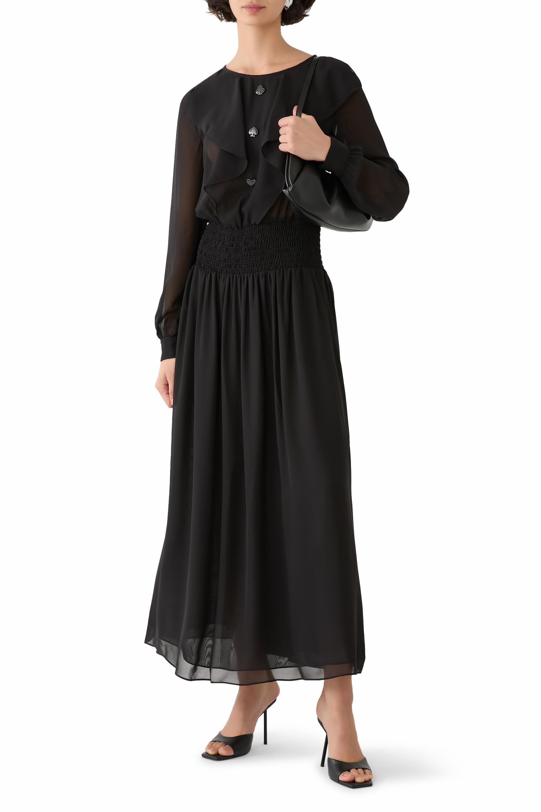 فستان متوسط الطول بطيات مزين بكشكش