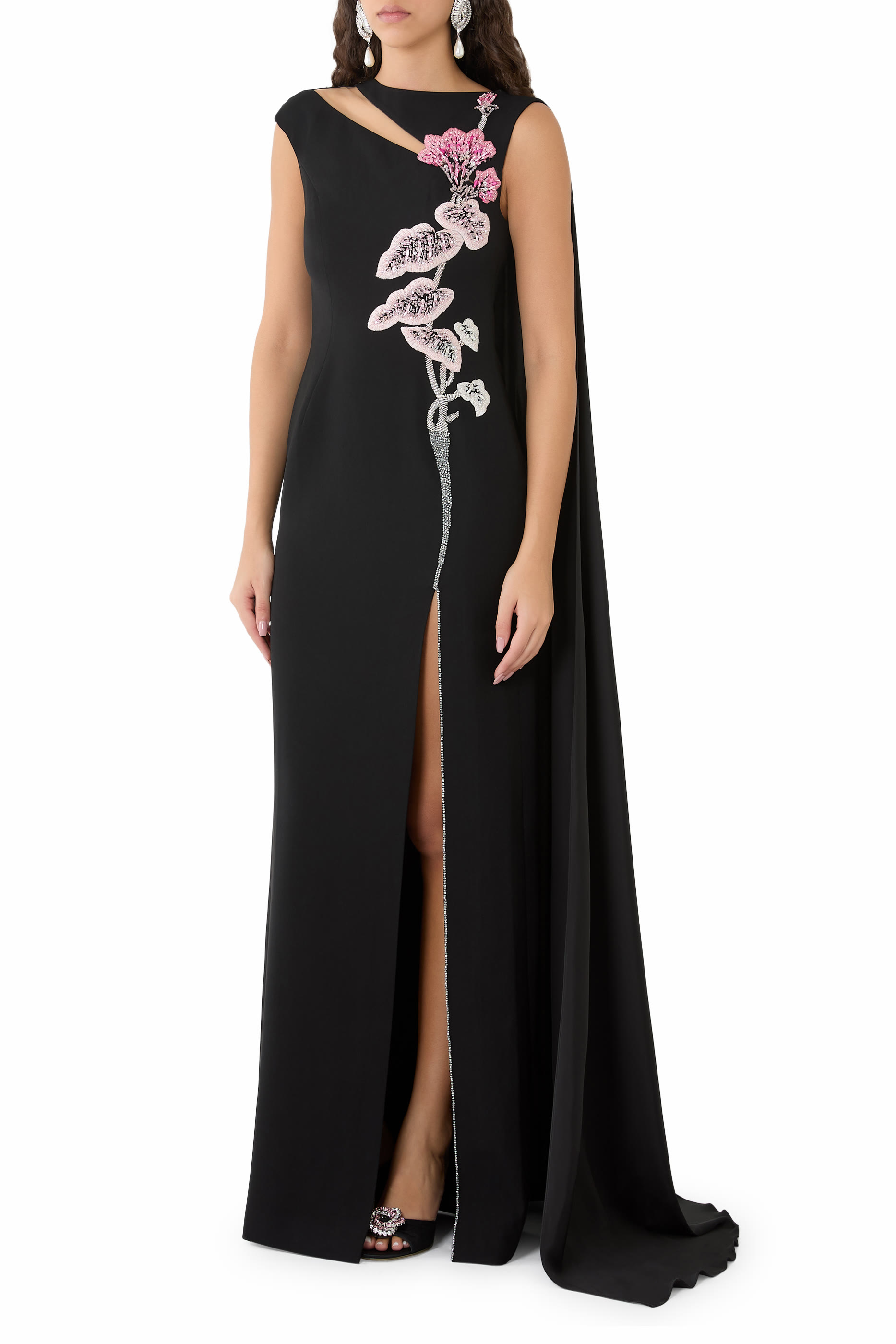 Sleeveless Embroidered Gown with Cape and Cut-Out Detail