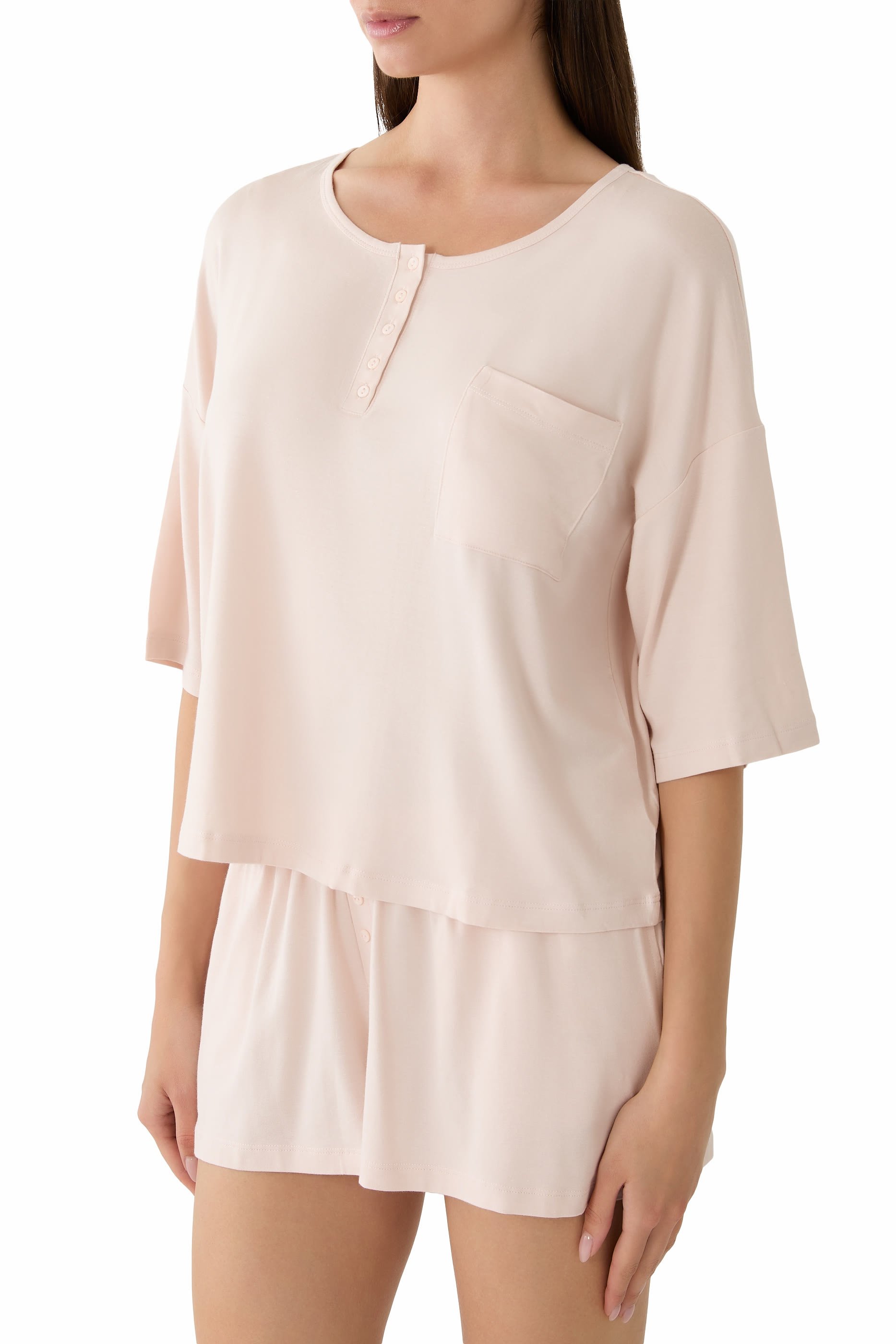 طقم بيجامة بقصة مربعة مريحة بياقة هينلي