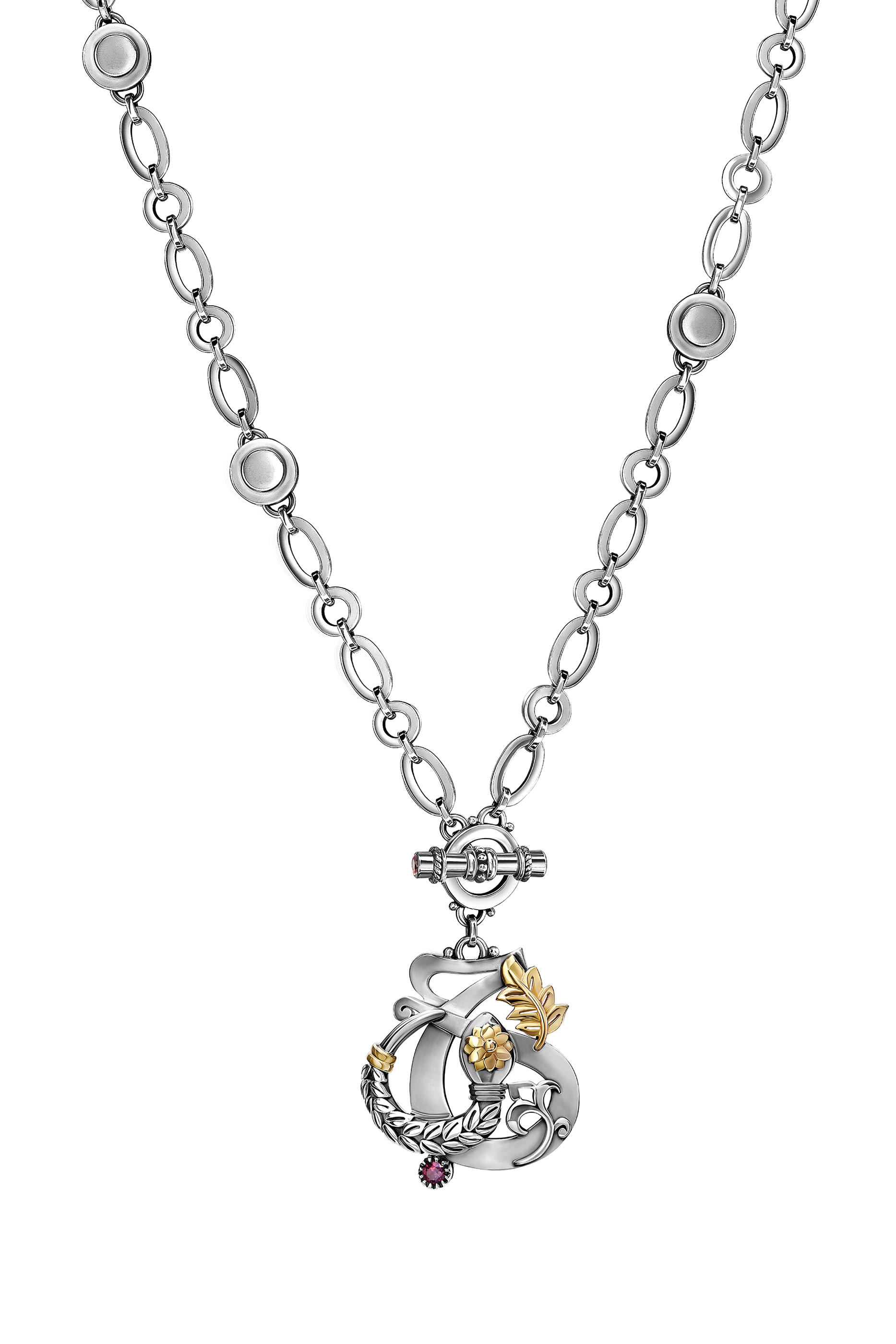 قلادة لوف اند ريبيرث متعددة الاستخدامات مرصعة بحجر الرودولايت، الغارنيت أو الفيروز، ذهب عيار 18، وفضة استرلينية.