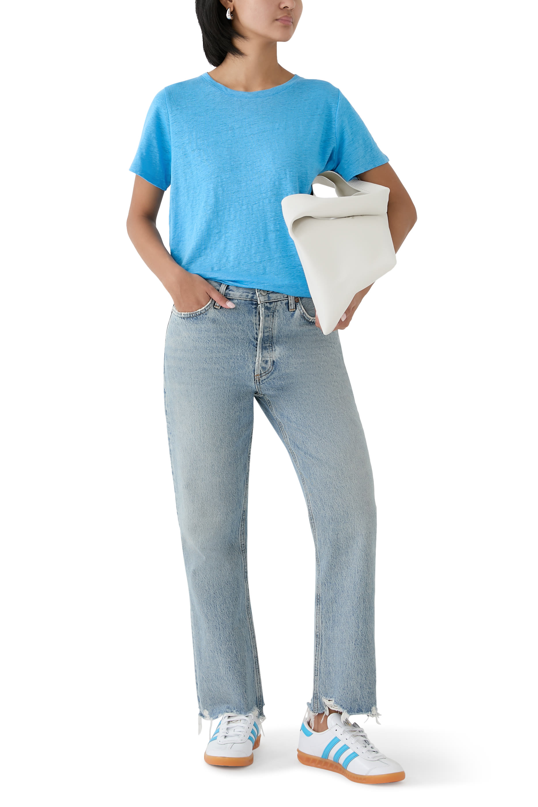 تيشيرت بياقة ضيقة كتان جيرسيه عضوي