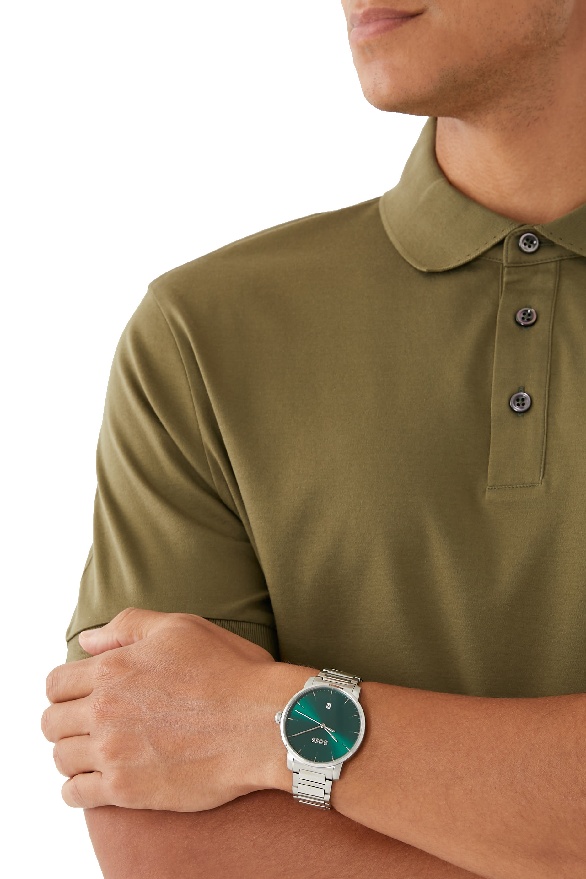 ساعة دين بمينا أخضر وسوار بحلقات بتصميم حرف H