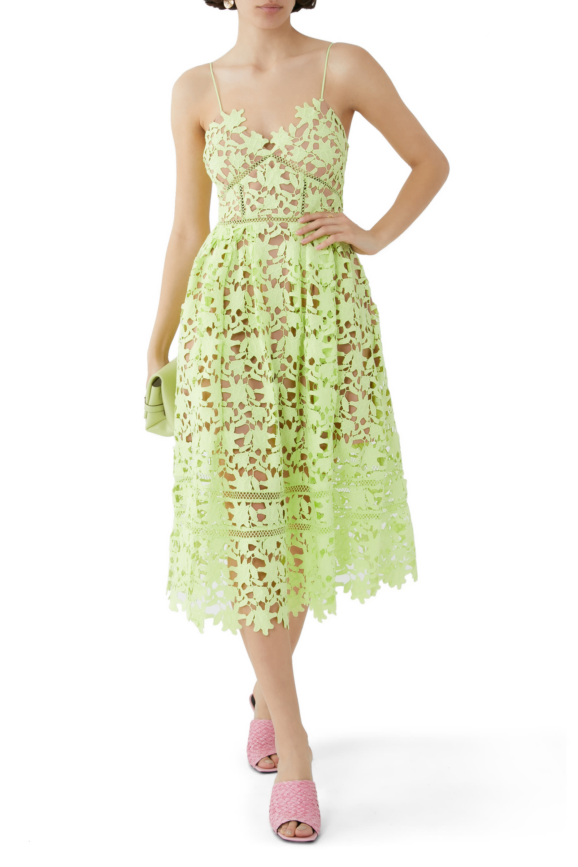 فستان متوسط الطول بحمالات دانتيل