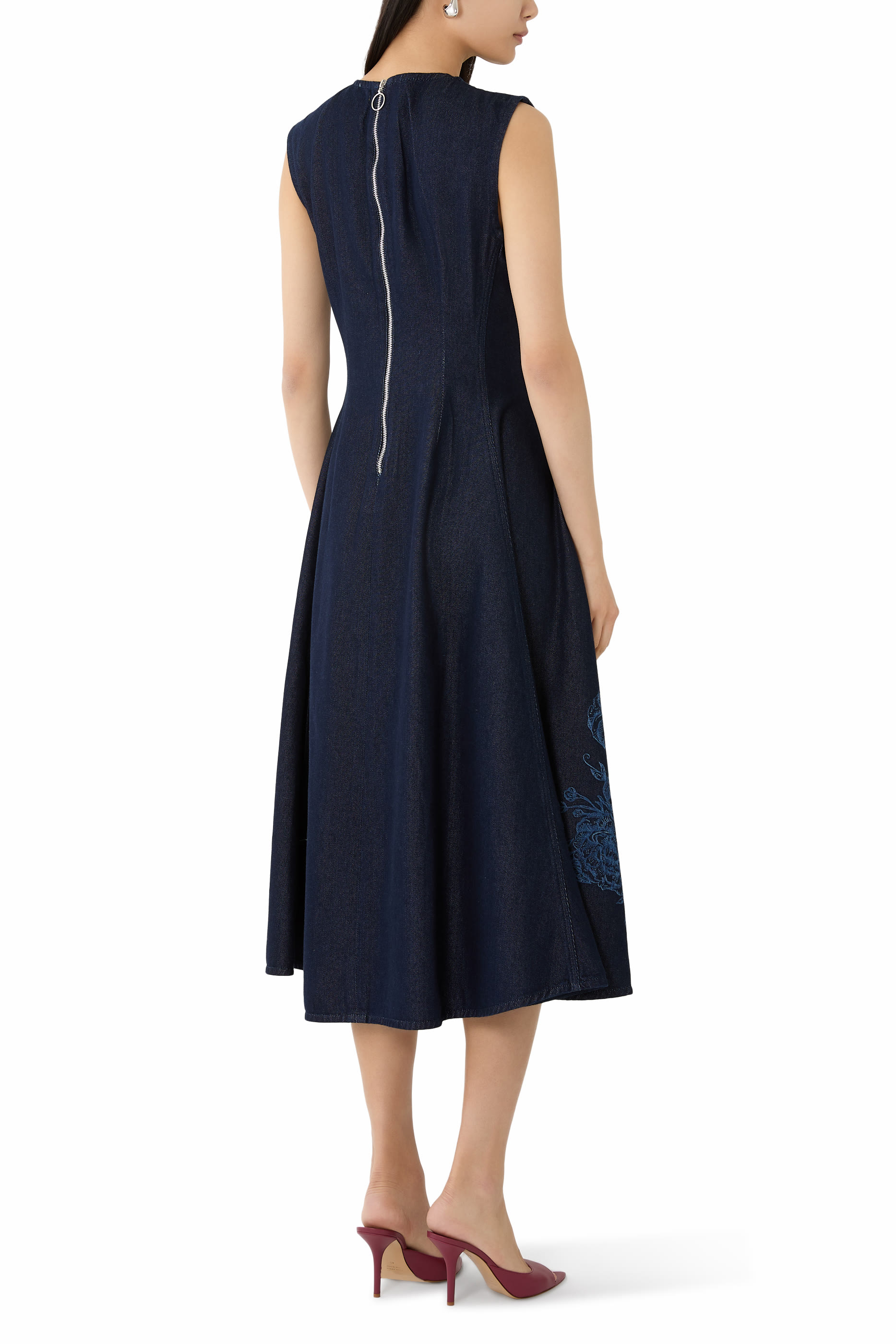 Flower Motif Denim Sleeveless Midi Dress