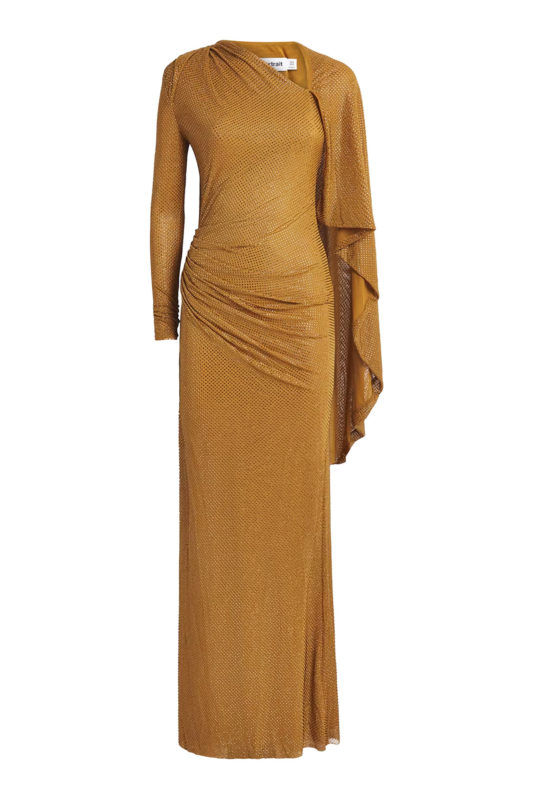 فستان طويل درابيه مرصع بأحجار الراين