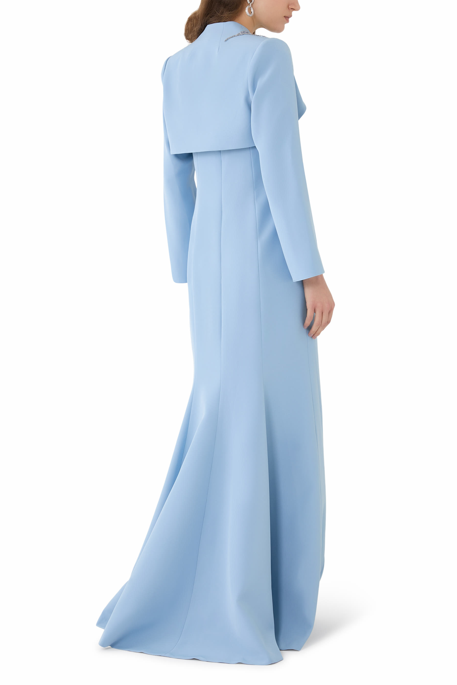 فستان سهرة بلا حمالات ببوليرو وخرز كريب