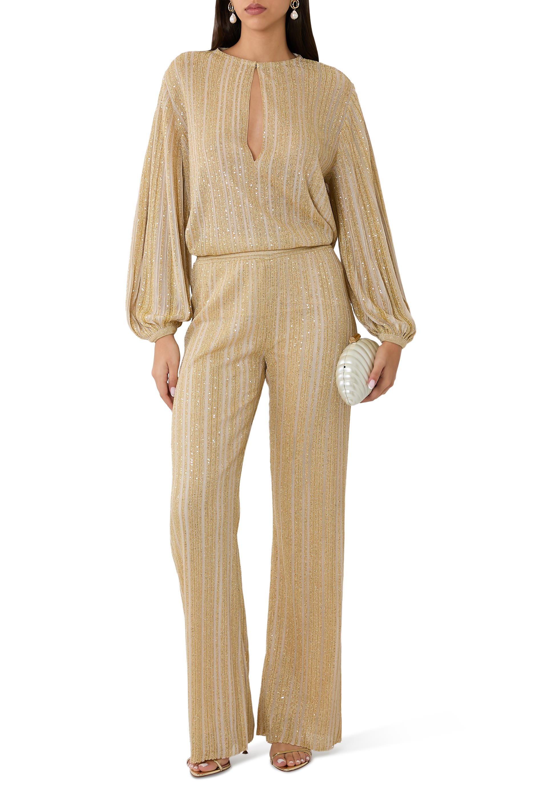 بنطال بقصة ساق مستقيمة بخيوط لامعة ونقشة خطوط متعرجة