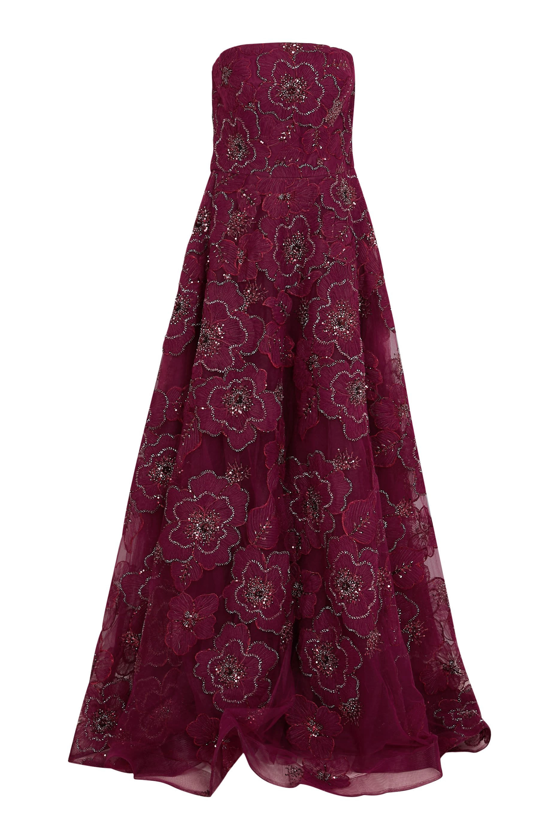 فستان سهرة بلا حمالات مزين بخرز وزهور بارزة الملمس