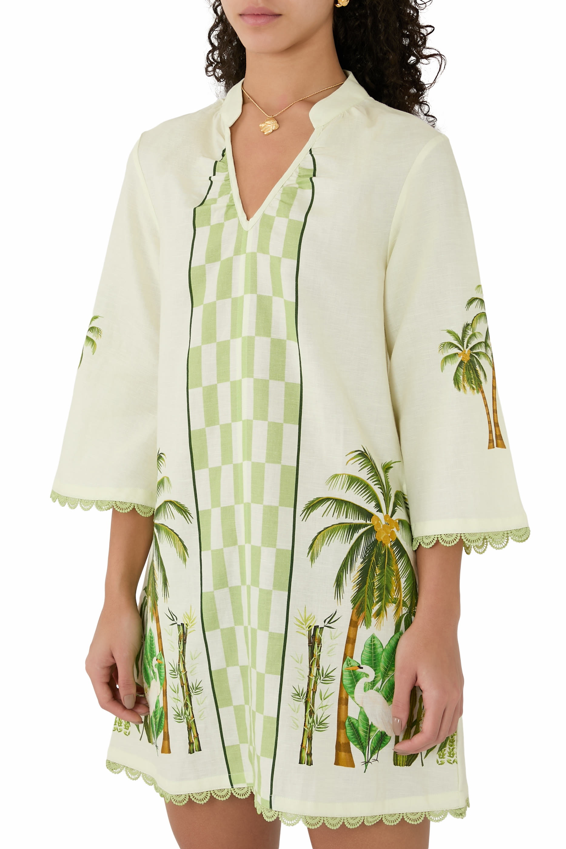 فستان قصير بنقشة نخل ورباط