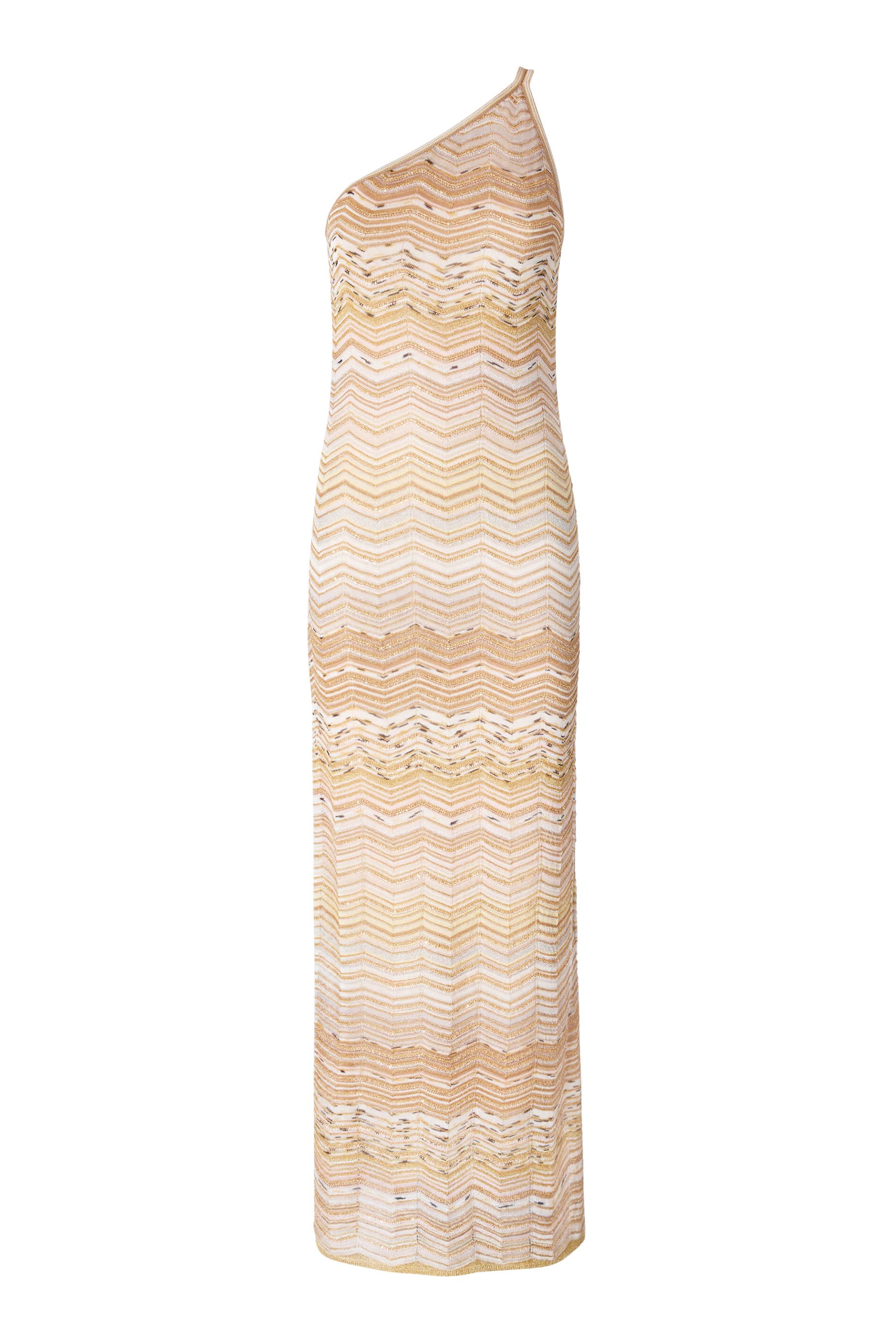 فستان طويل بكتف مكشوف بنمط شيفرون مزين بترتر