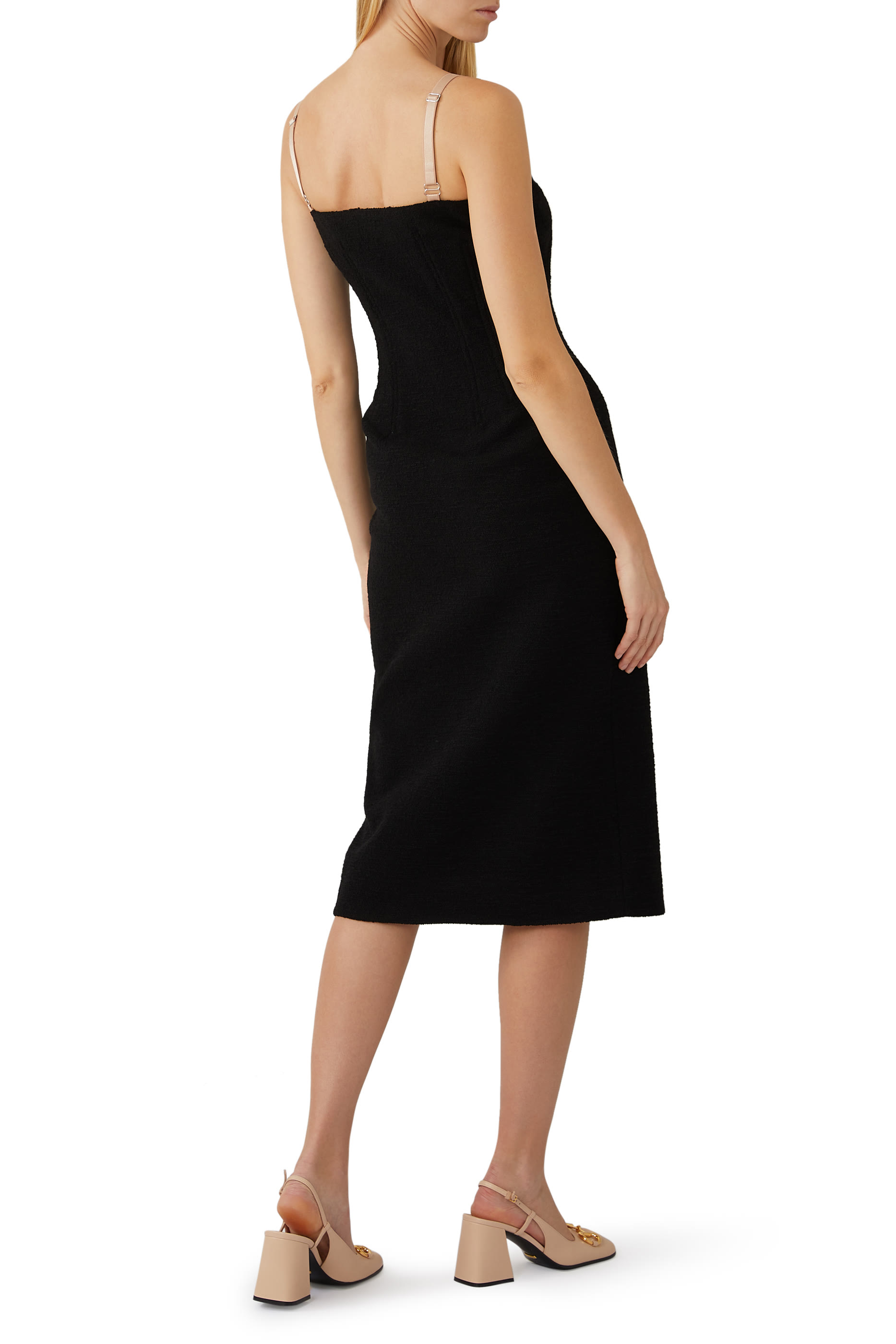 فستان مطاطي متوسط الطول بياقة V