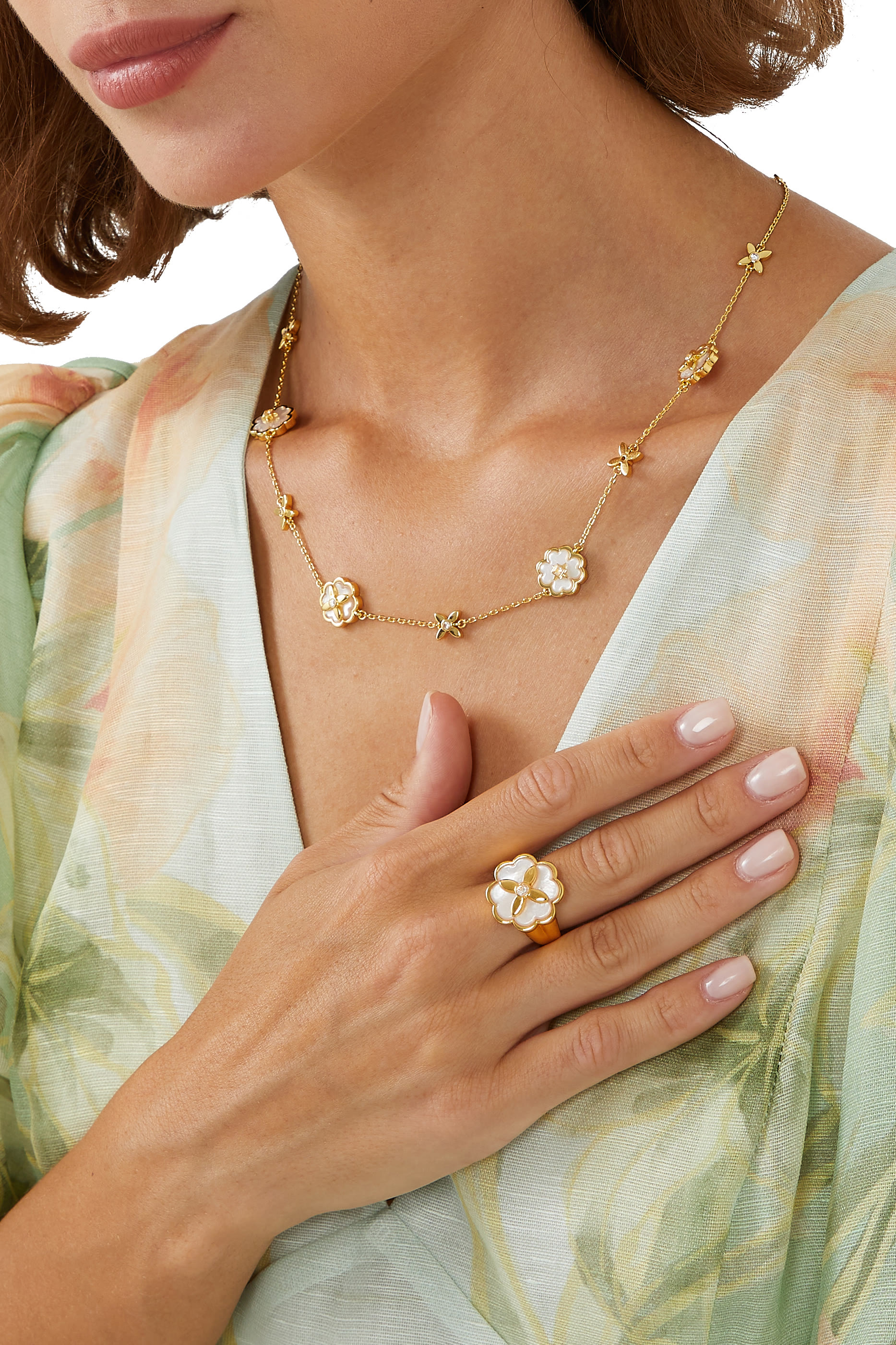 خاتم هيريتدج بلوم مرصع بأحجار زركونيا مكعبة وعرق اللؤلؤ معدن مطلي