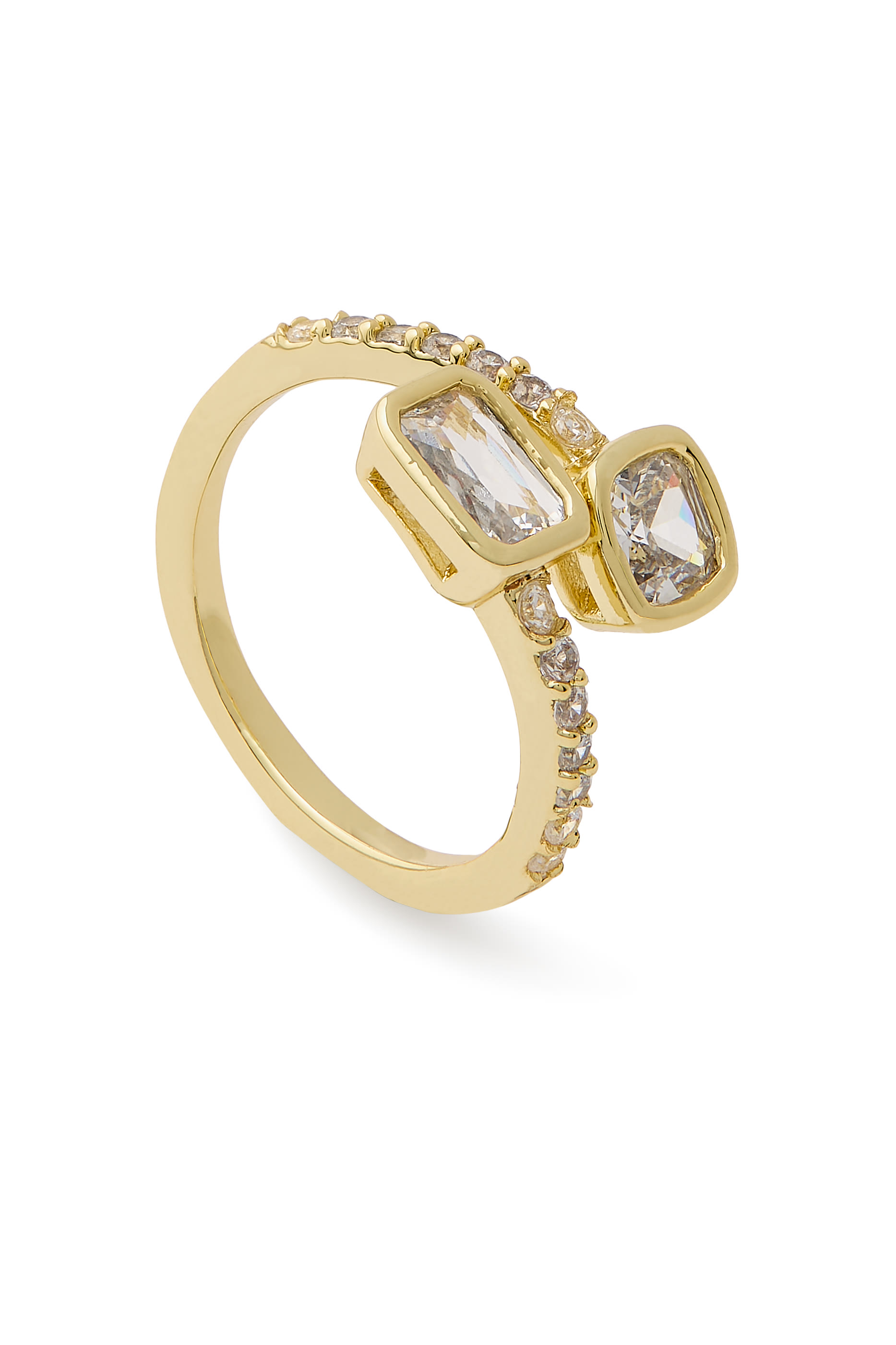 خاتم مفتوح بتصميم ملفوف مزين بأحجار زركونيا بافيه على شكل زمرد، نحاس بطلاء ذهبي