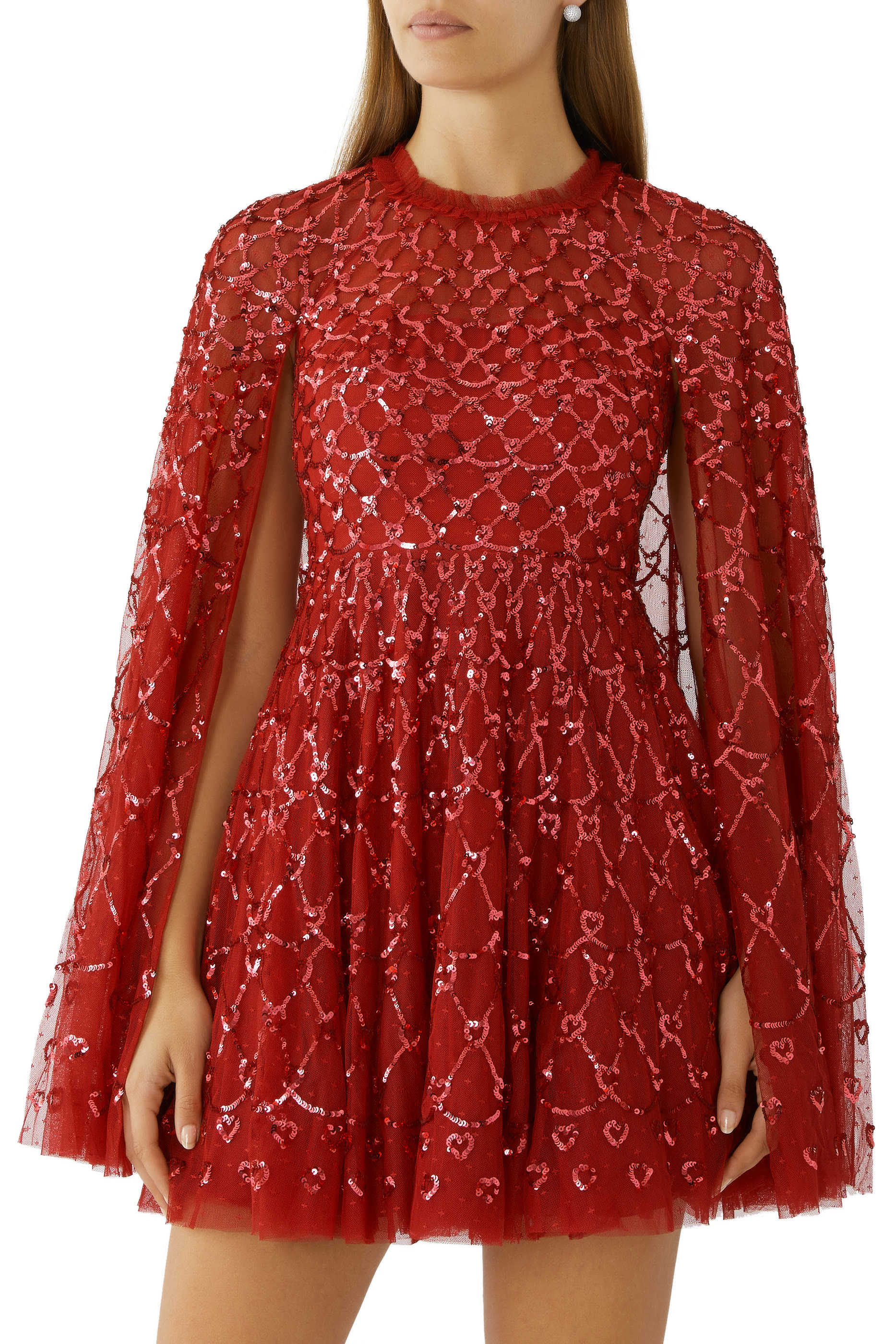 فستان قصير قماش شبكي بتصميم قلوب صغيرة