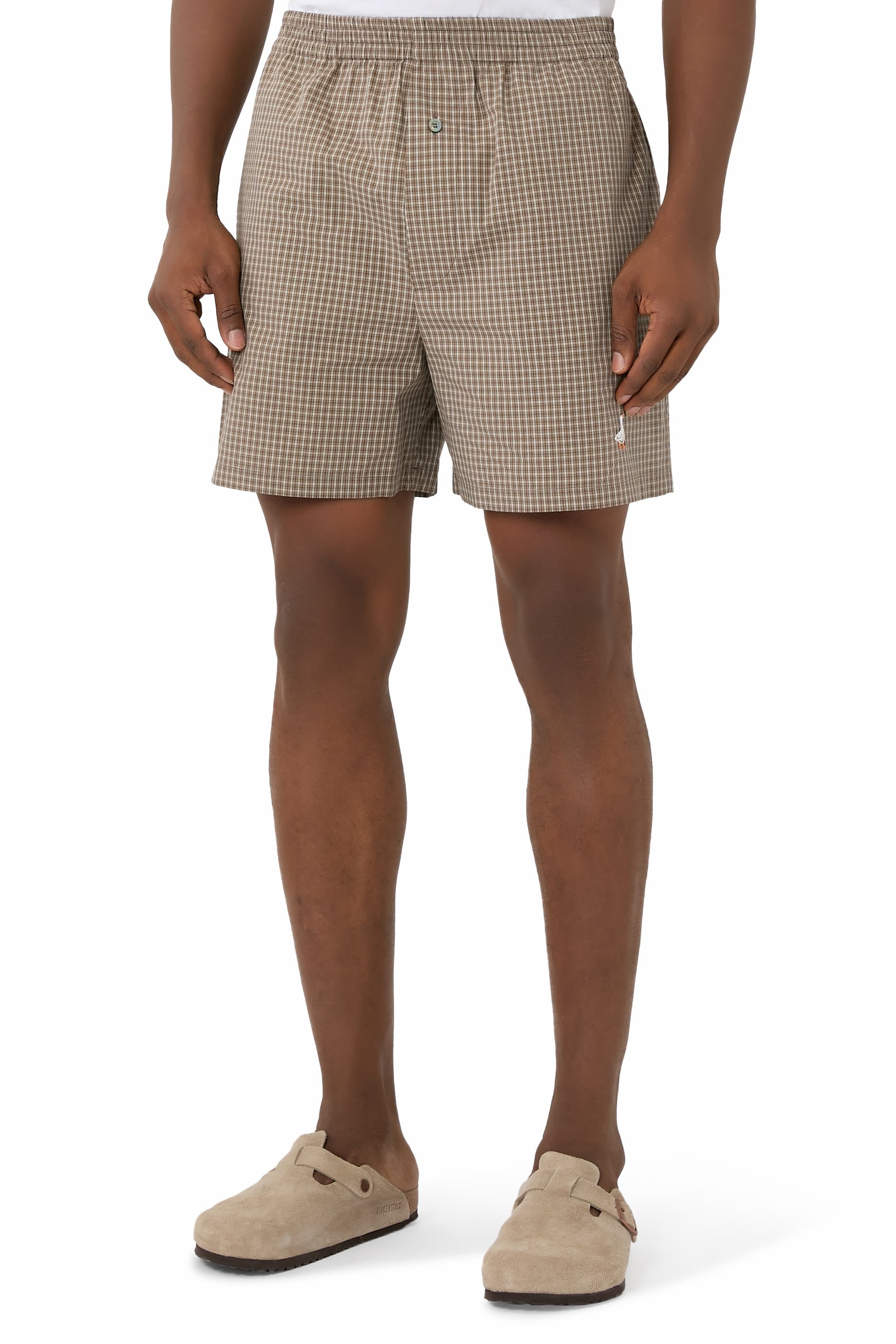 شورت بوبلين مخطط مطرز بنقشة أوزة