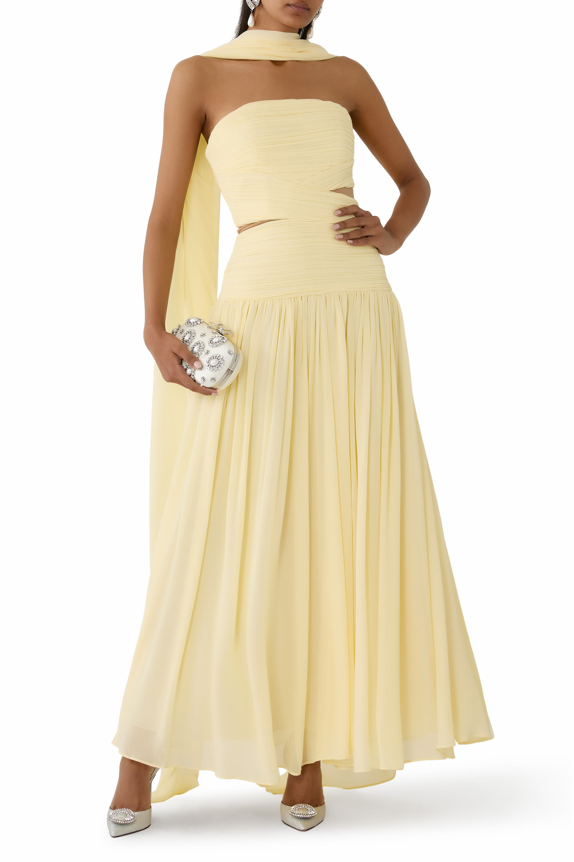 فستان متوسط الطول بوشاح جورجيت