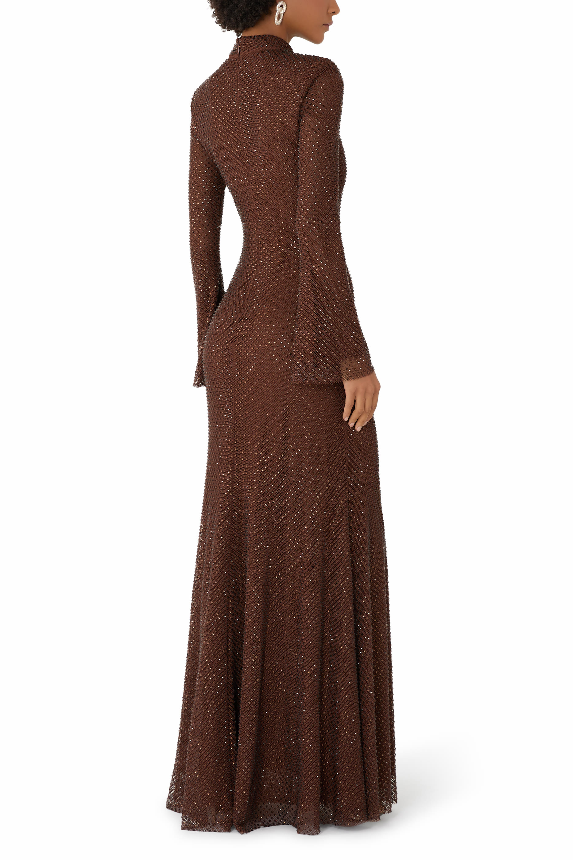 فستان طويل مرصع بأحجار الراين قماش شبكي