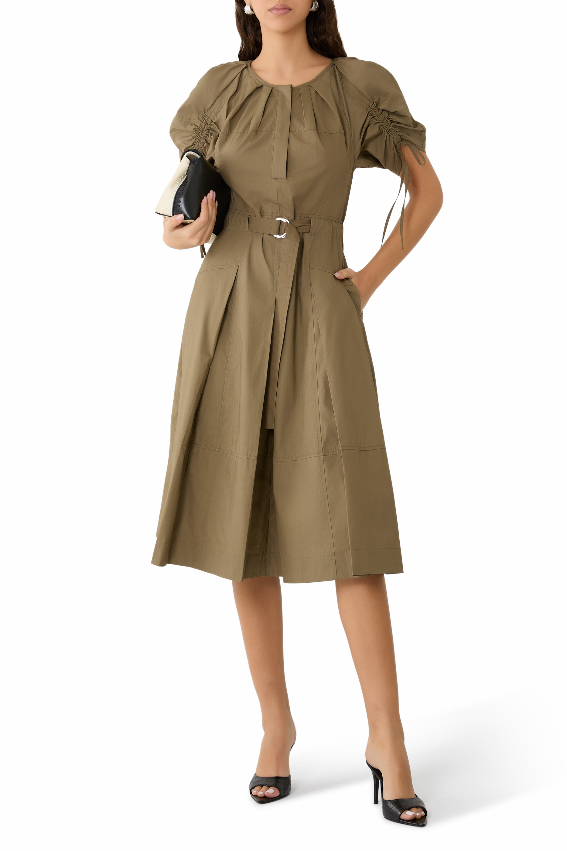 Poplin Ruched Sleeve Midi Dress