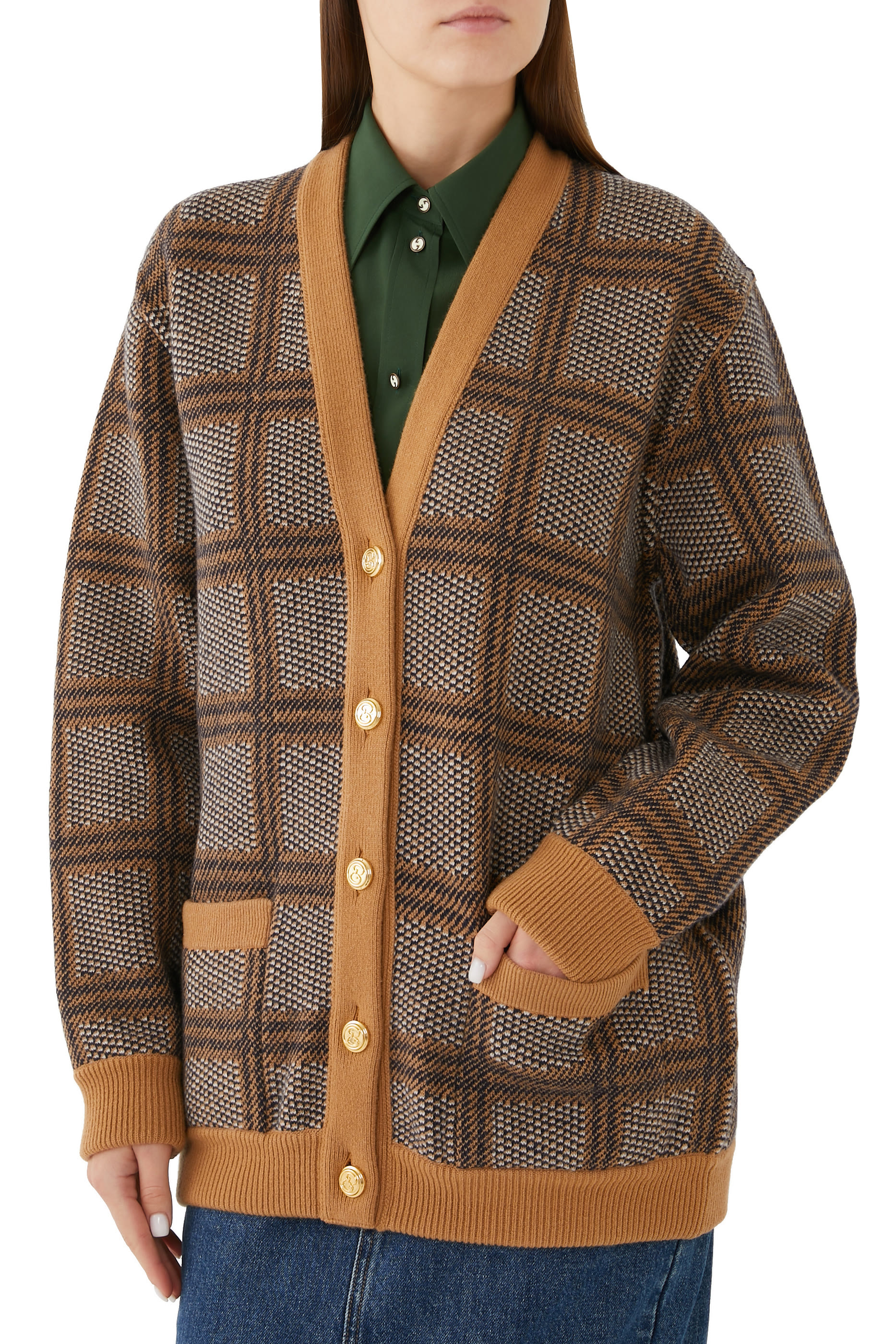 كارديجان بتصميم وجهين ونقشة مربعات صوف