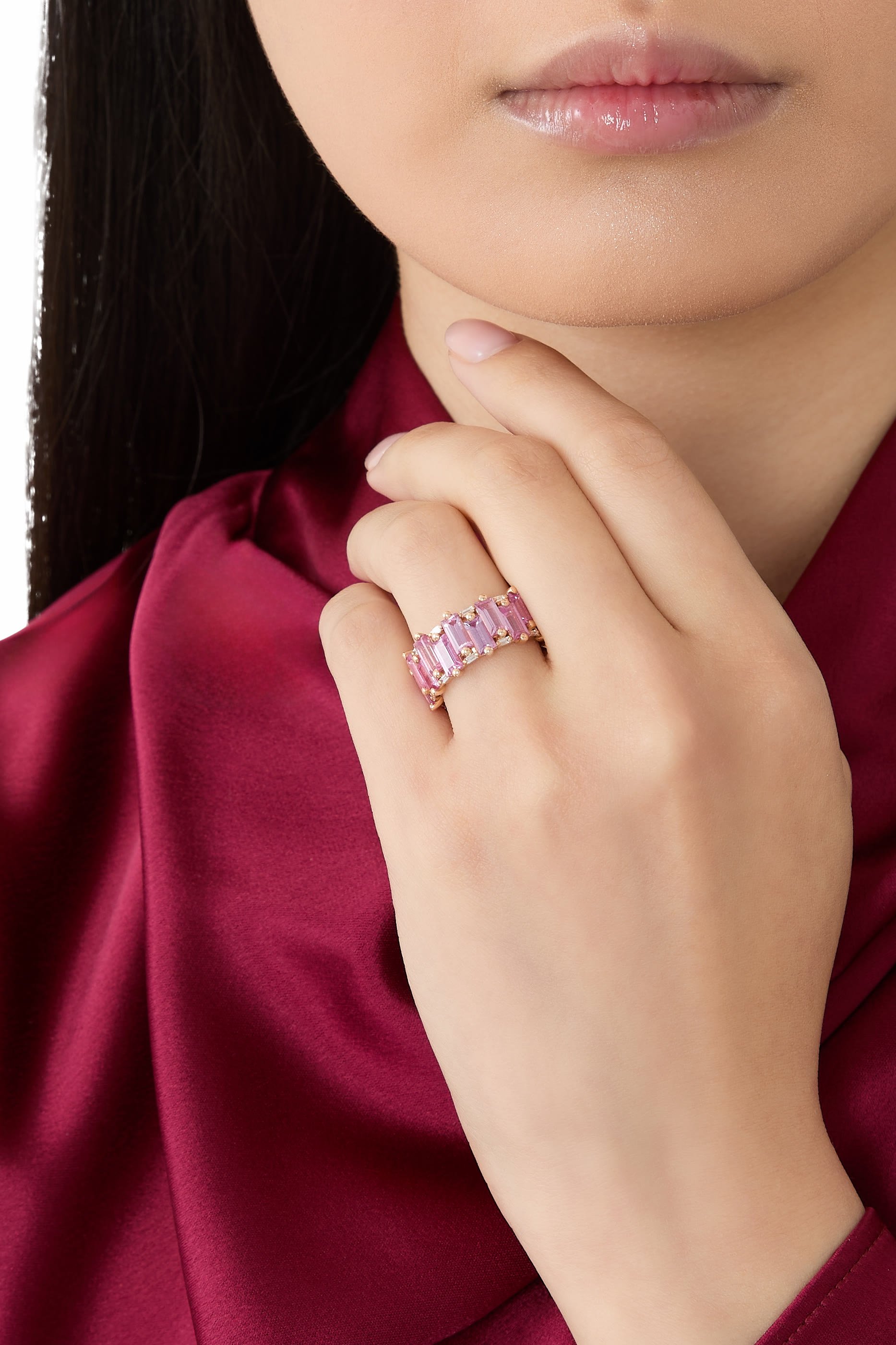 خاتم وان اوف ايه كايند ايترنيتي عريض مرصع بالياقوت، ذهب وردي عيار 18