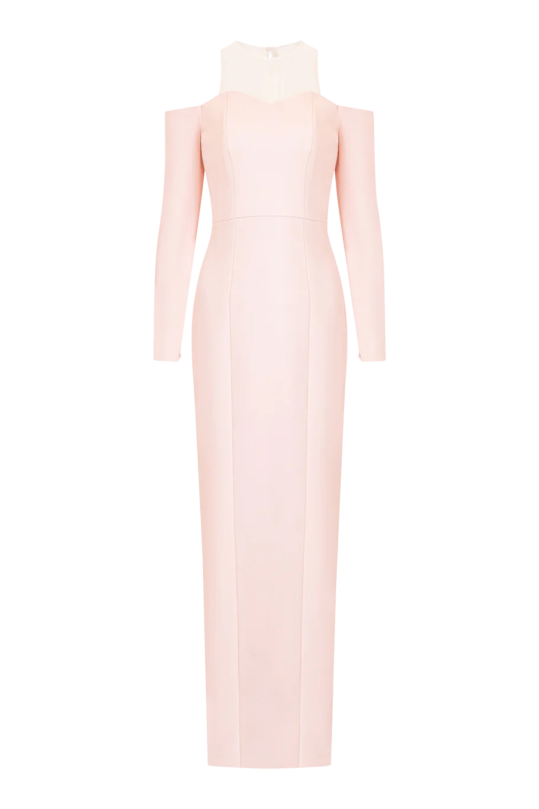 فستان سهرة بأكتاف مكشوفة وياقة شفافة