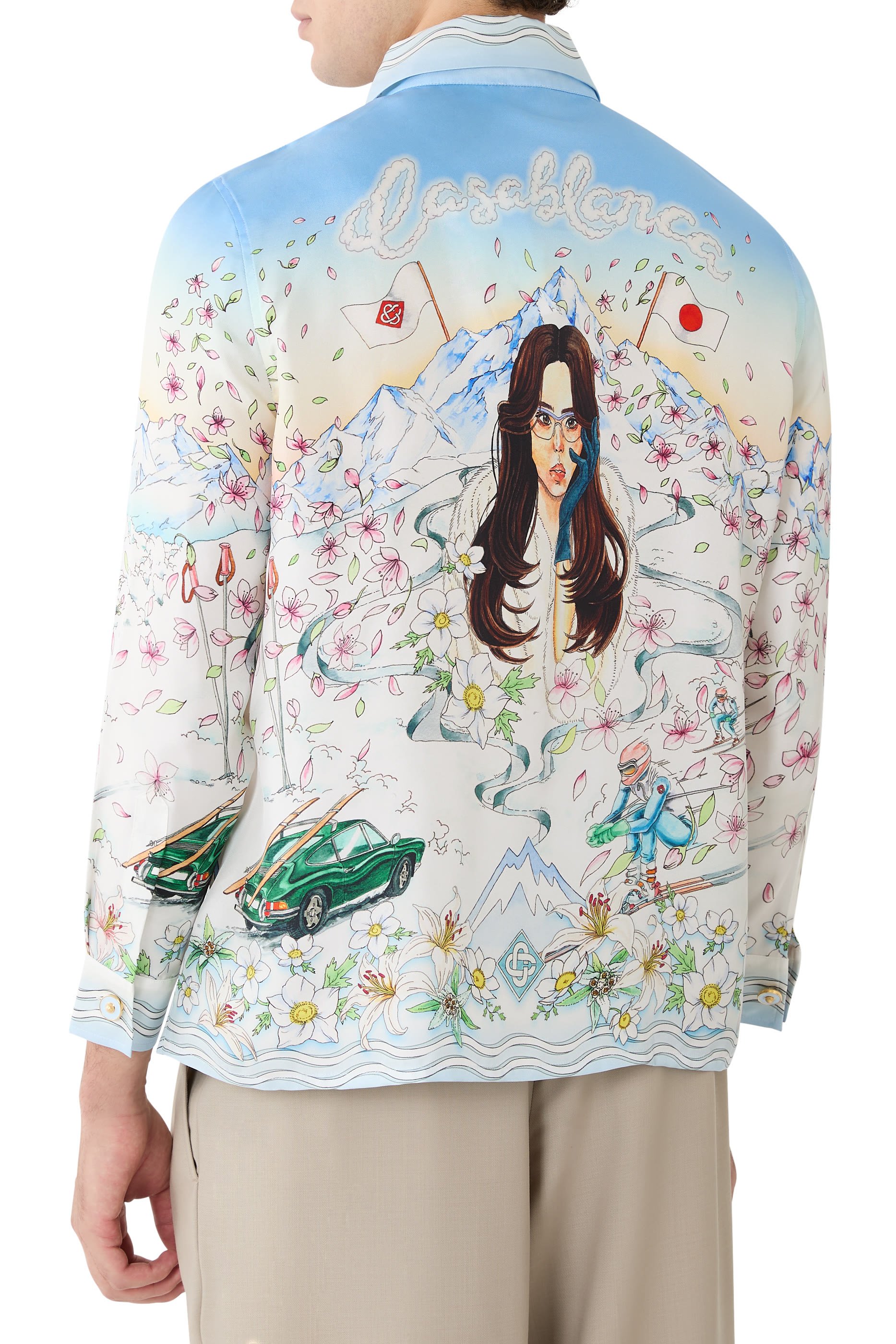 قميص ليفِر فلوري بأكمام طويلة حرير تويل