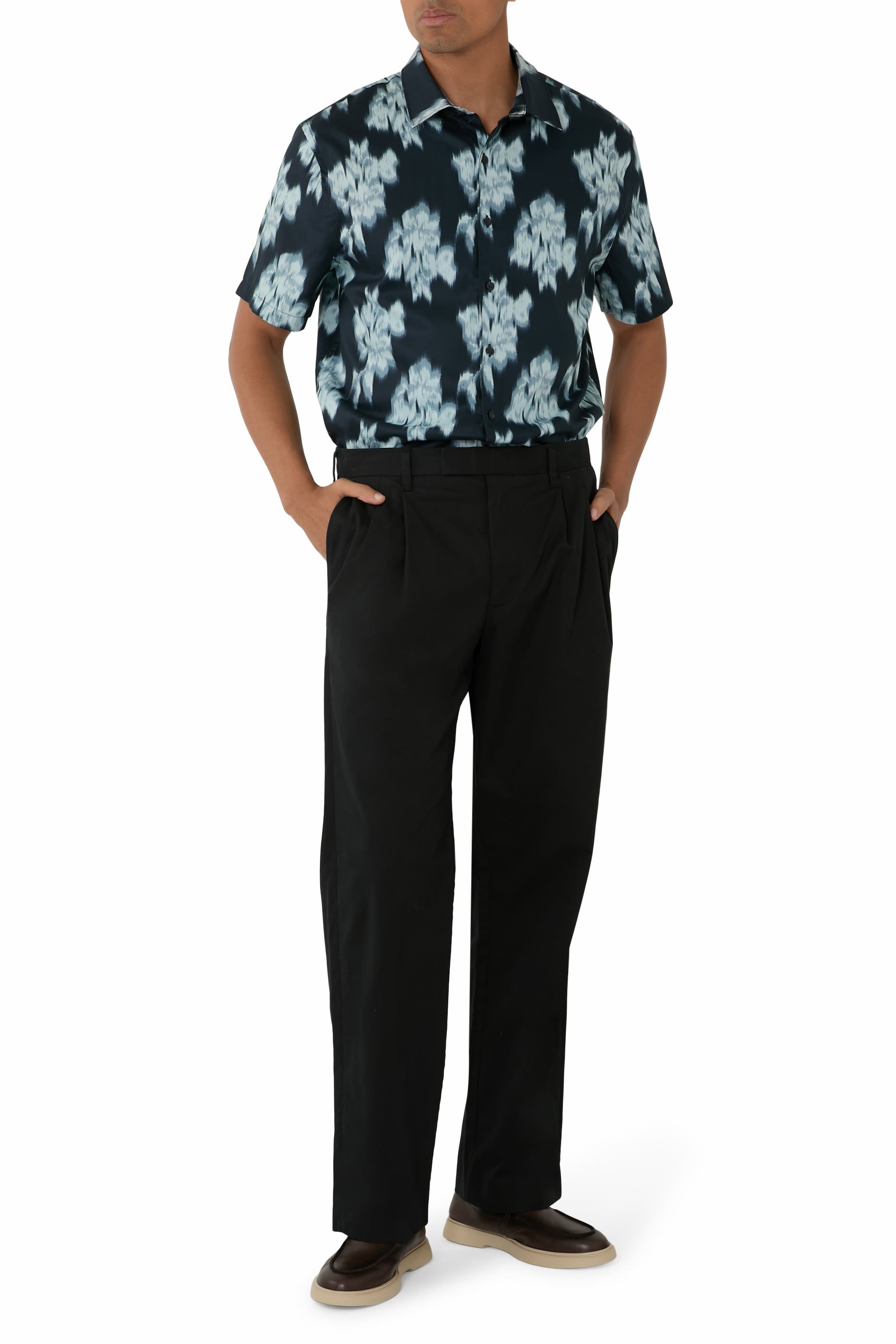 بنطال لوي بقصة مريحة وطيات مزدوجة قطن مطاطي