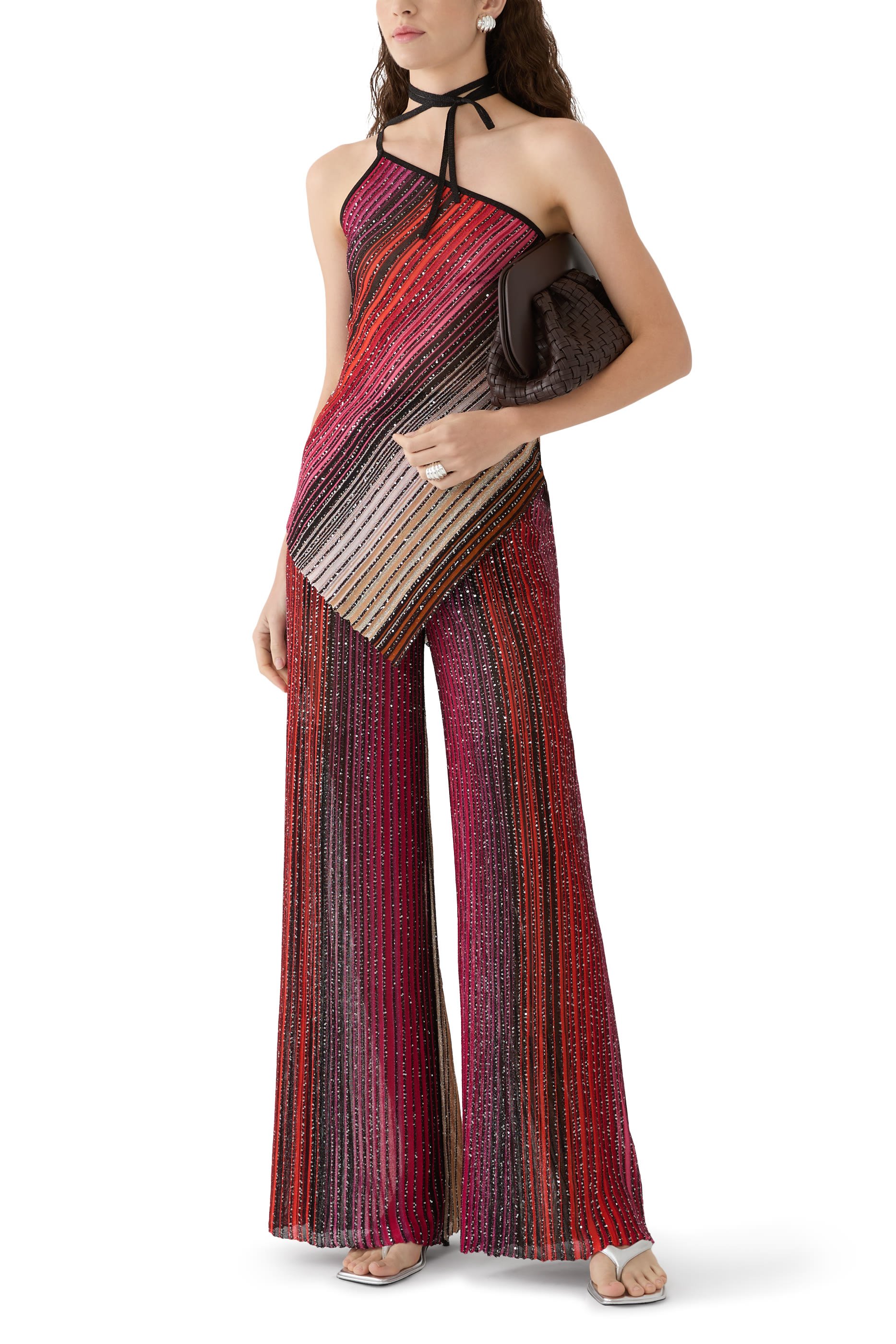 بلوزة مخططة بتصميم غير متماثل بكتف واحد وتطريز جزئي بالترتر