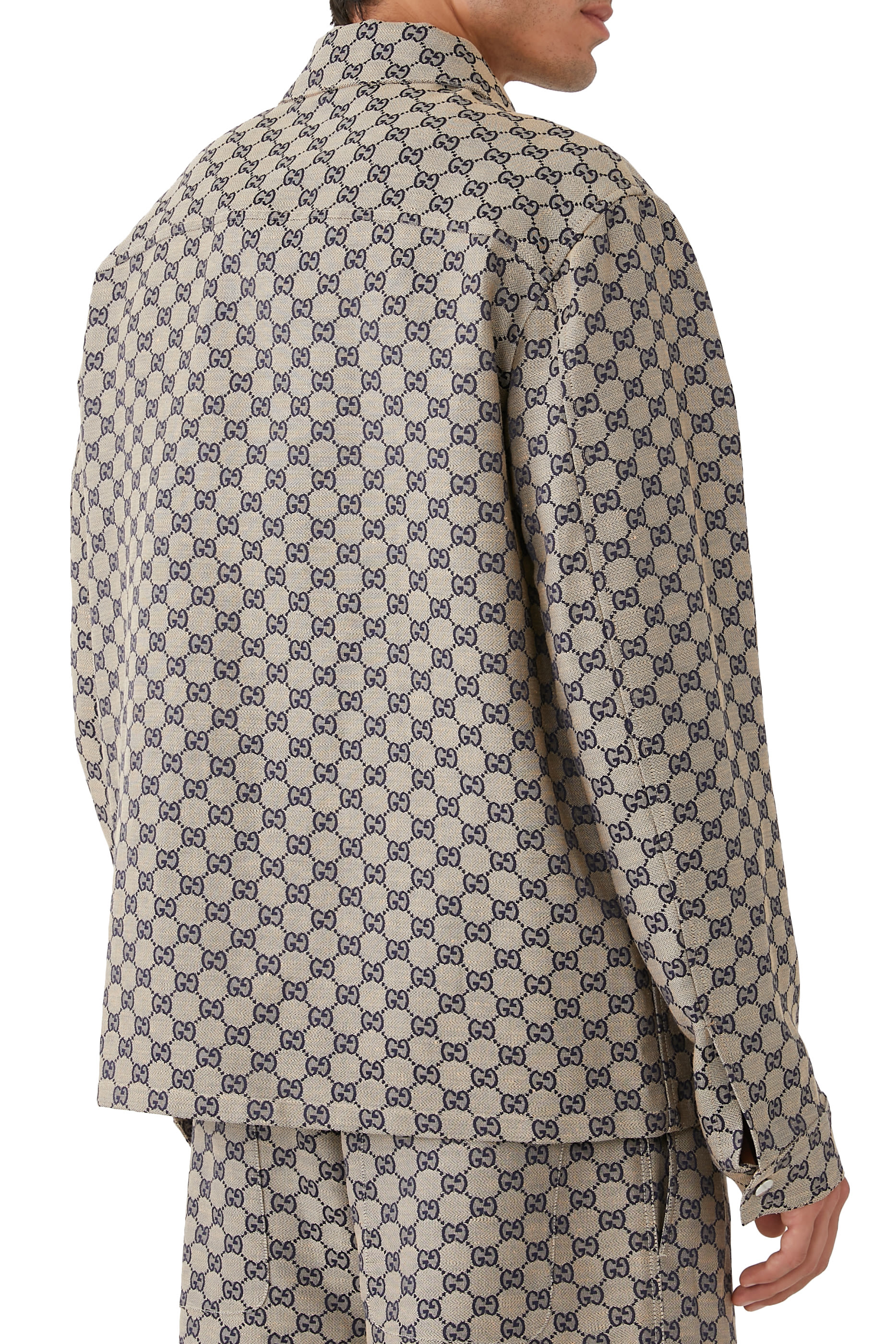 جاكيت بنقشة حرفي شعار الماركة مزيج كتان وقماش قنب