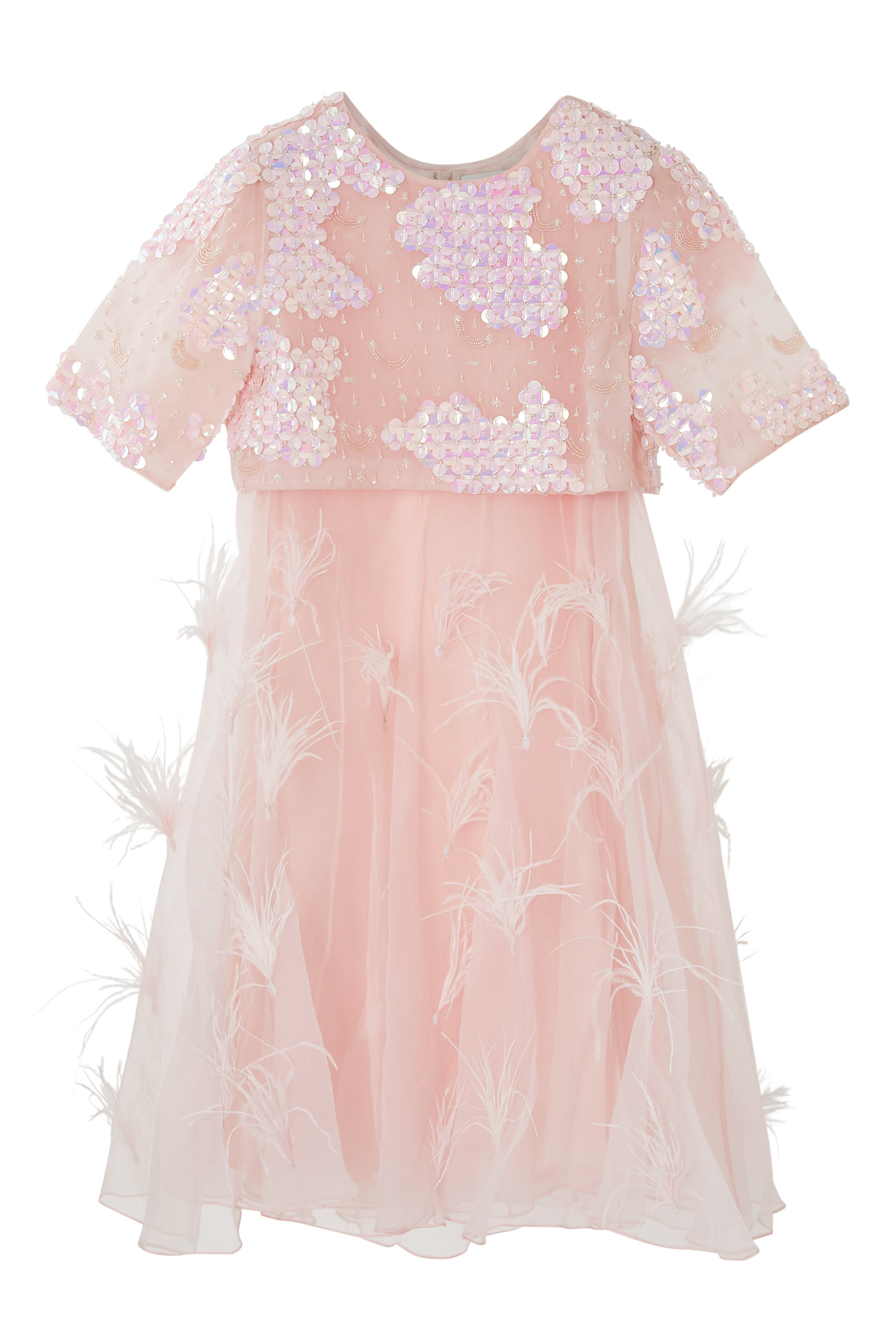 فستان كابوسين واسع بتطريزات وريش للأطفال