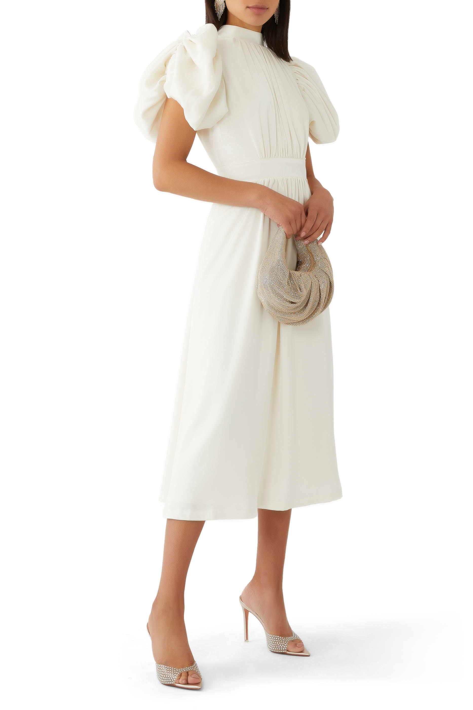 فستان متوسط الطول بأكمام منفوخة ستان