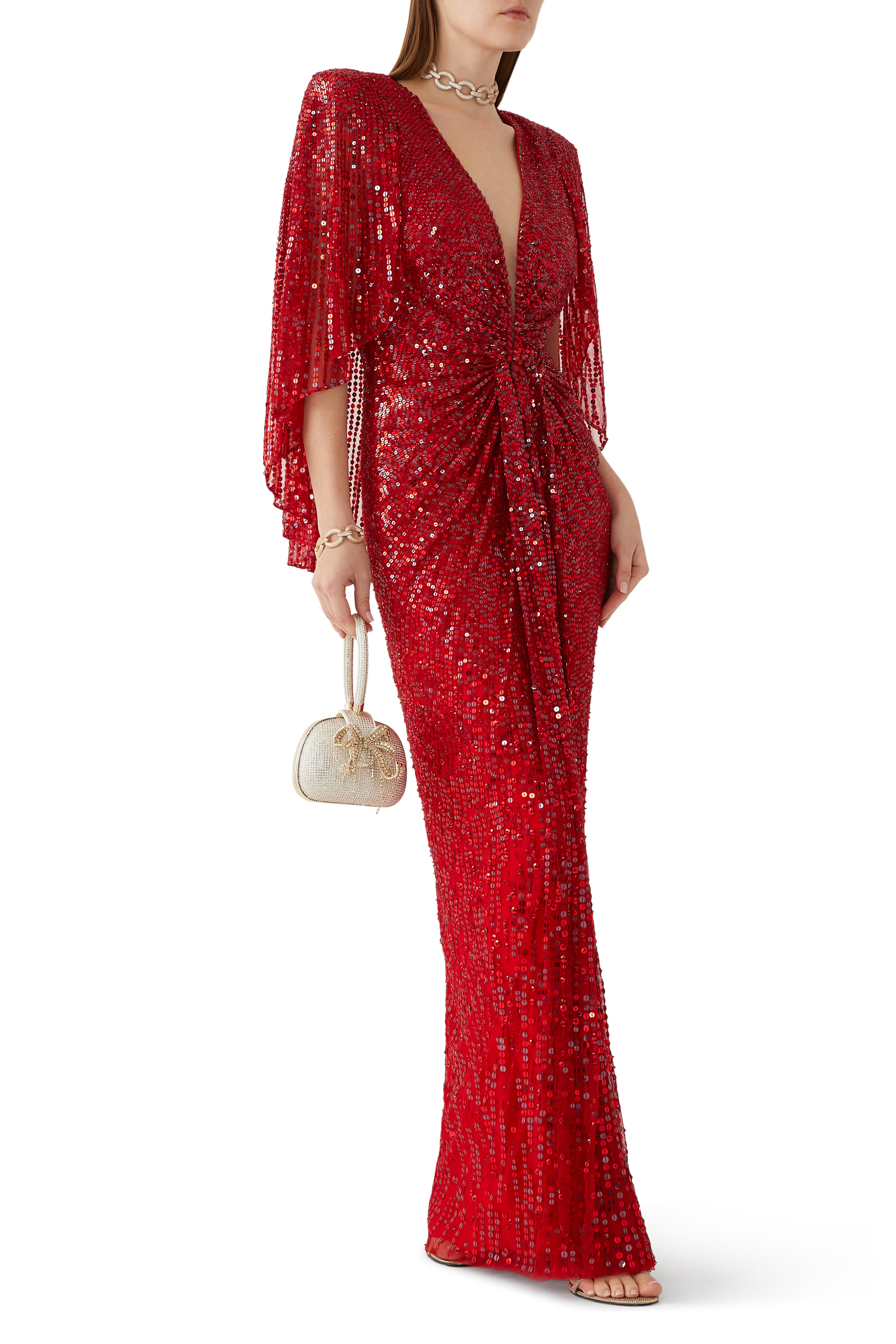 فستان سهرة لوار بتطرزلت وياقة على شكل حرف V وأكمام كاب