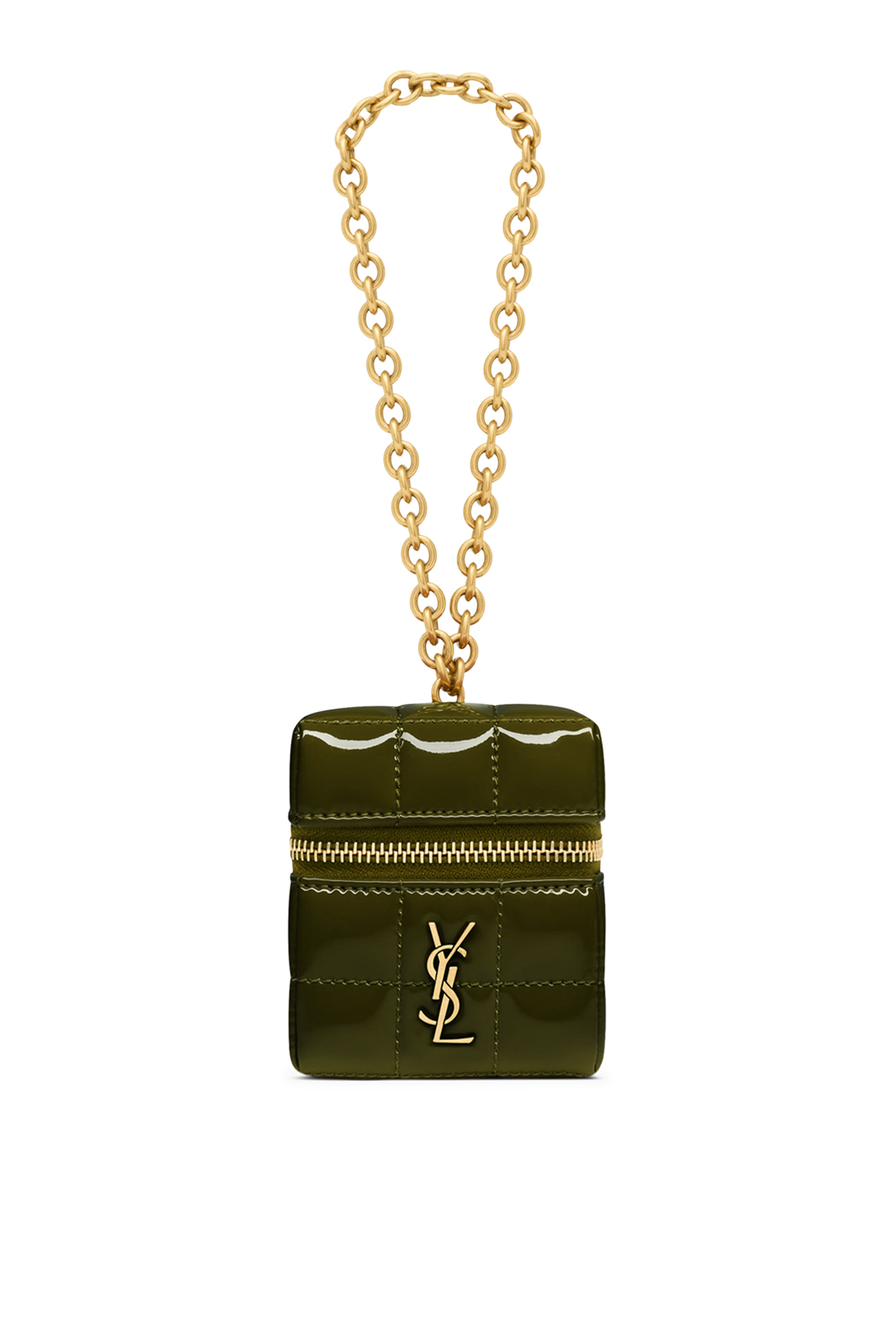 حقيبة صغيرة مبطنة بتصميم مكعب بشعار الماركة ونقشة كاري جلد لامع